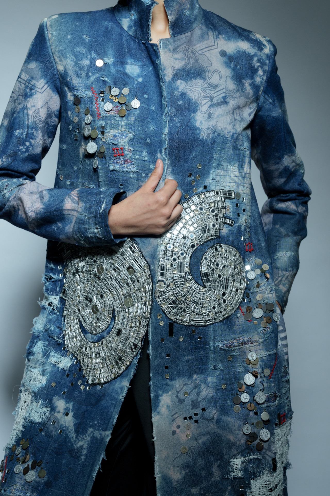 Deconstructed Embroidered Denim Long Coat