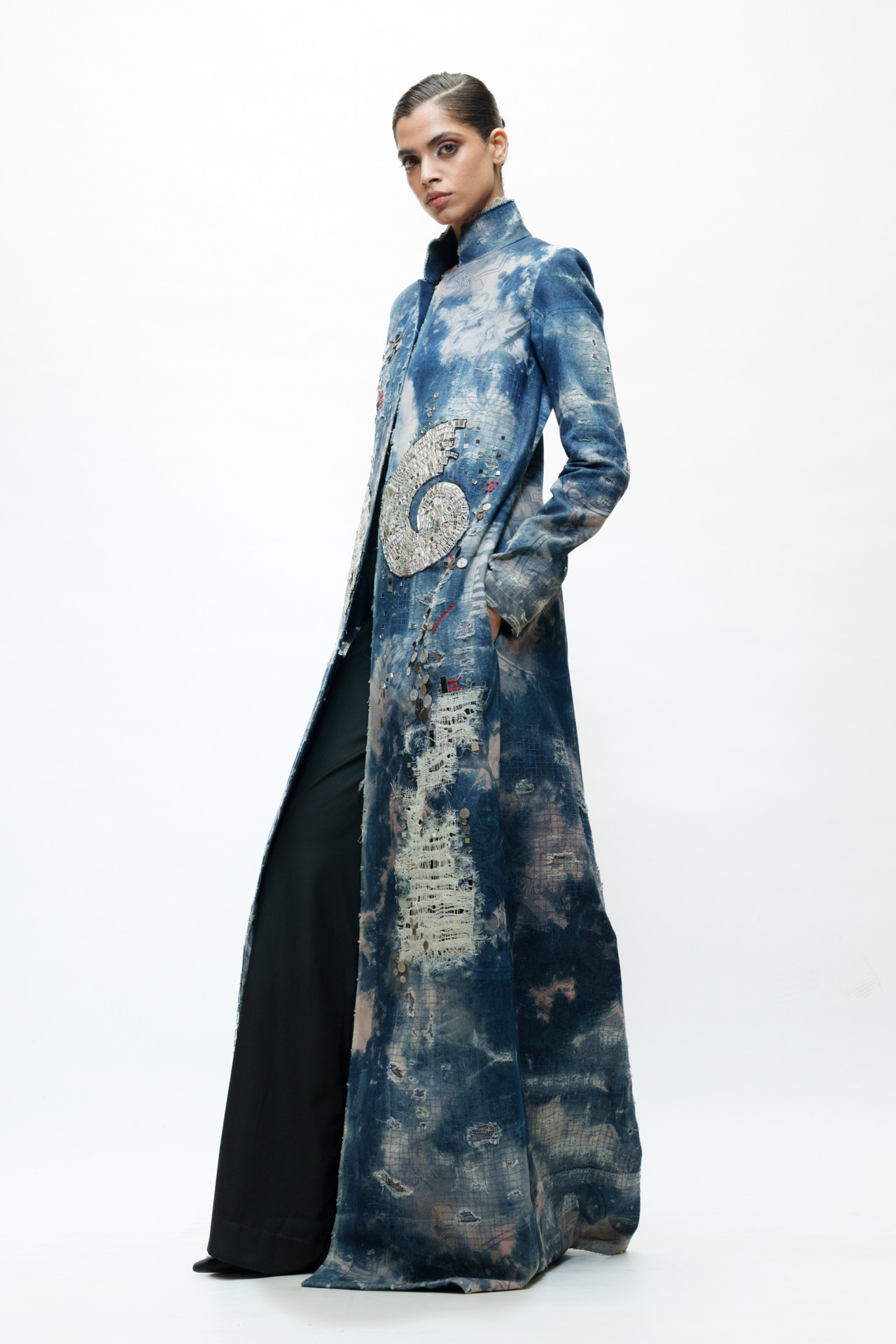 Deconstructed Embroidered Denim Long Coat