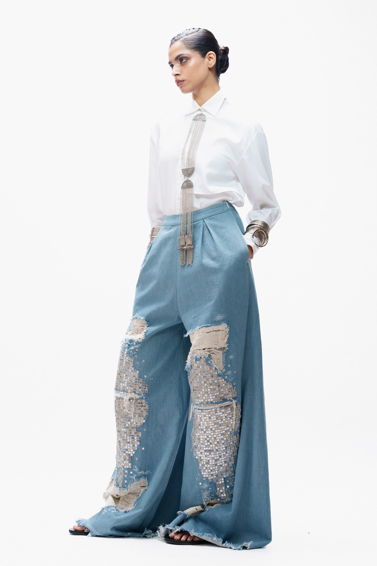 Deconstructed Denim Trouser with Mirrorwork