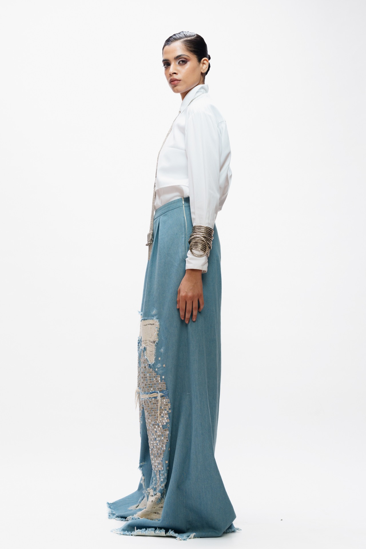 Deconstructed Denim Trouser with Mirrorwork