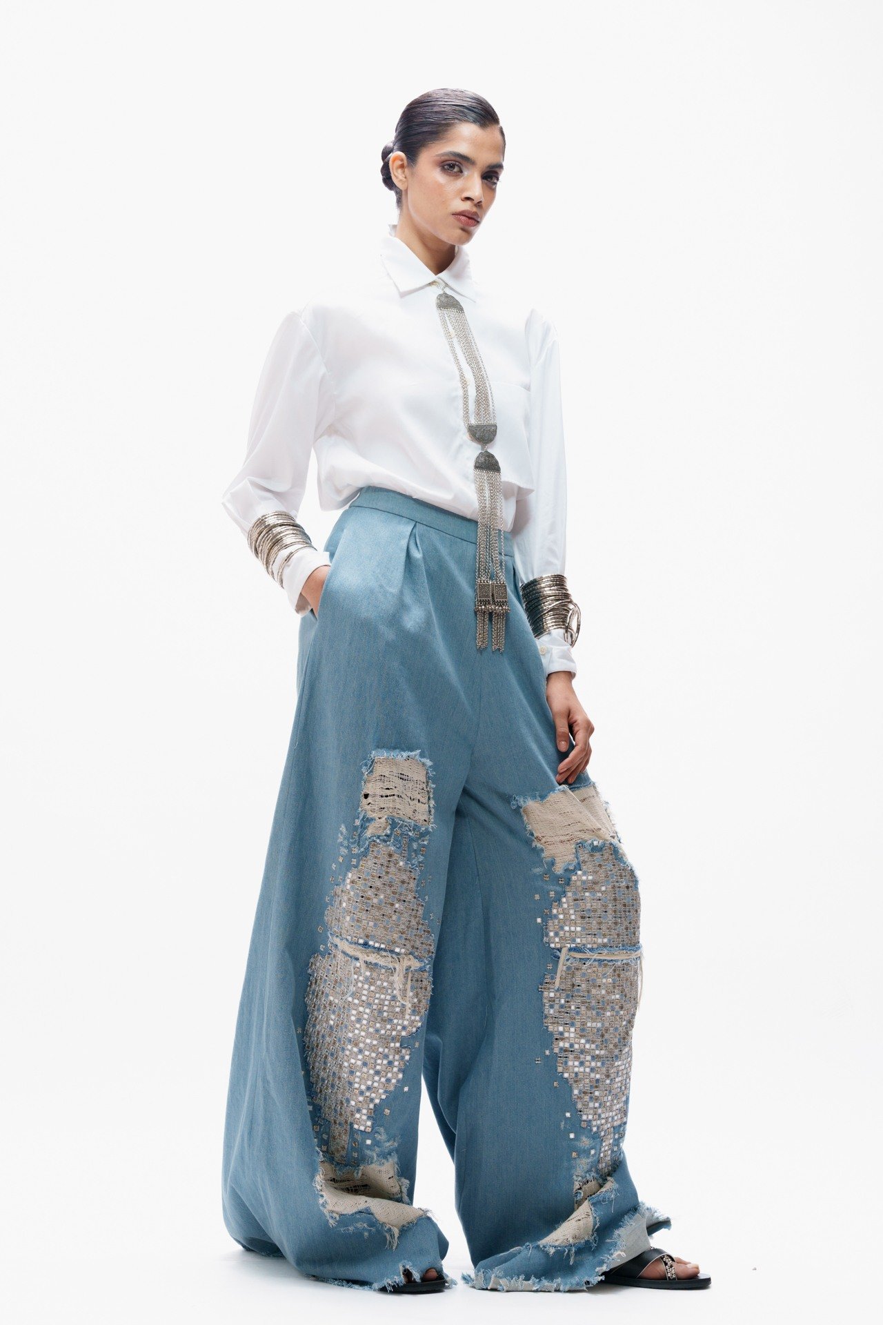 Deconstructed Denim Trouser with Mirrorwork