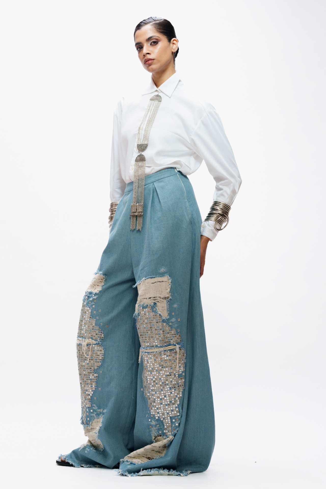 Deconstructed Denim Trouser with Mirrorwork