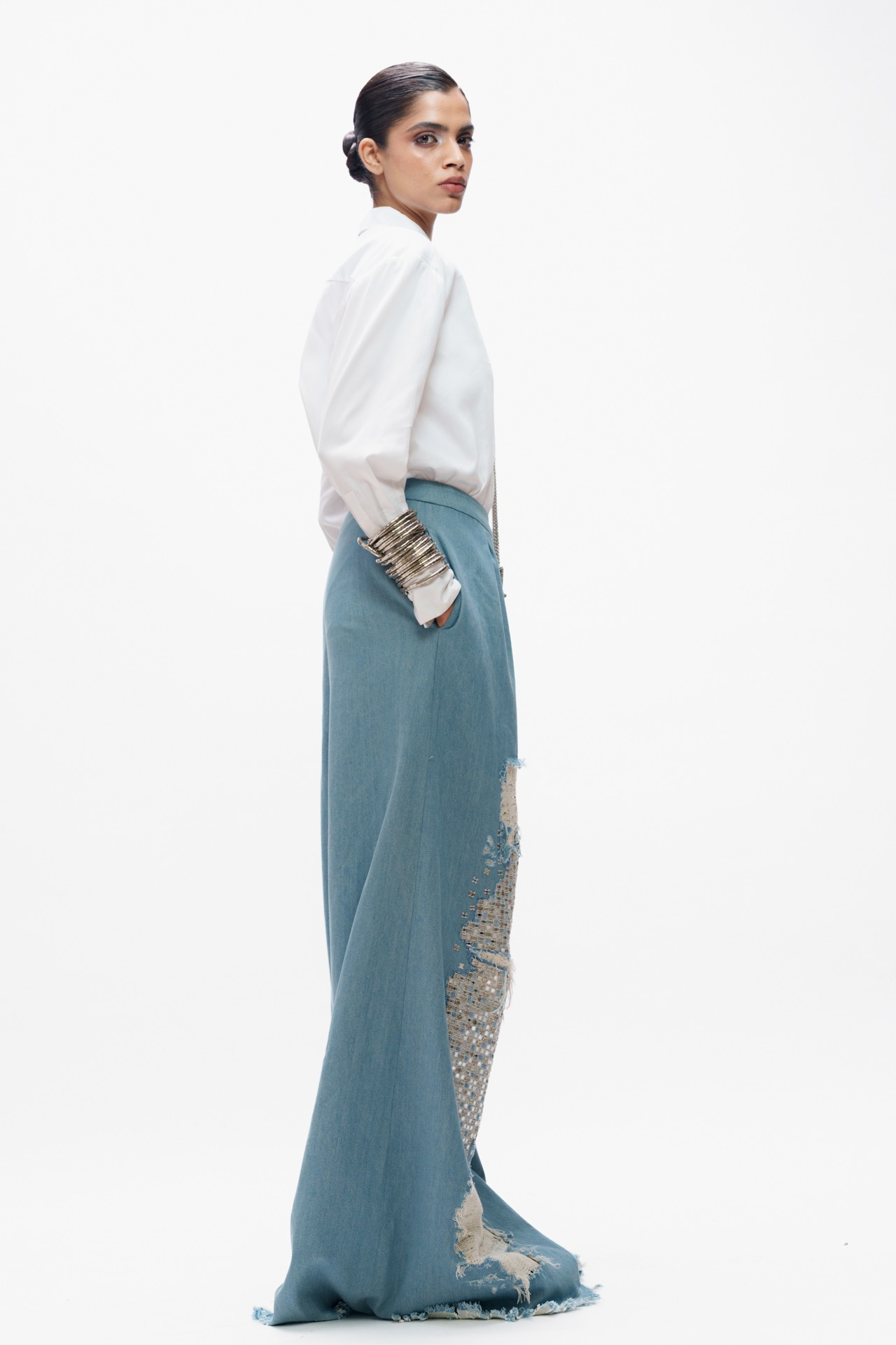 Deconstructed Denim Trouser with Mirrorwork