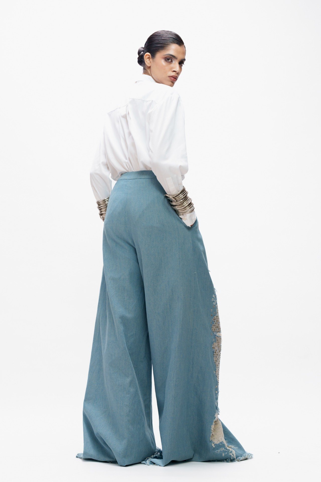 Deconstructed Denim Trouser with Mirrorwork