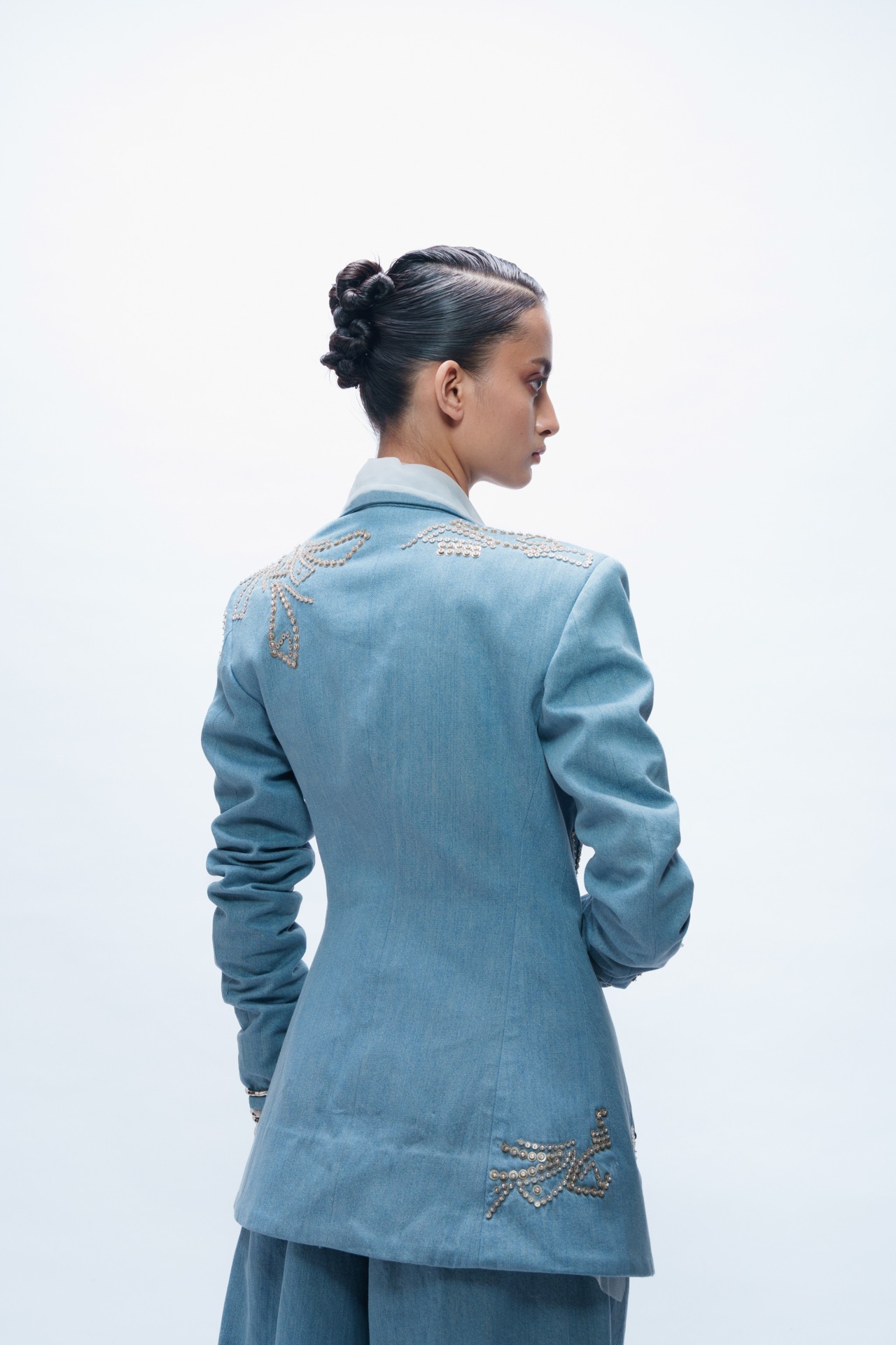 Deconstructed Oversized Denim Blazer with Crop Top and Trouser