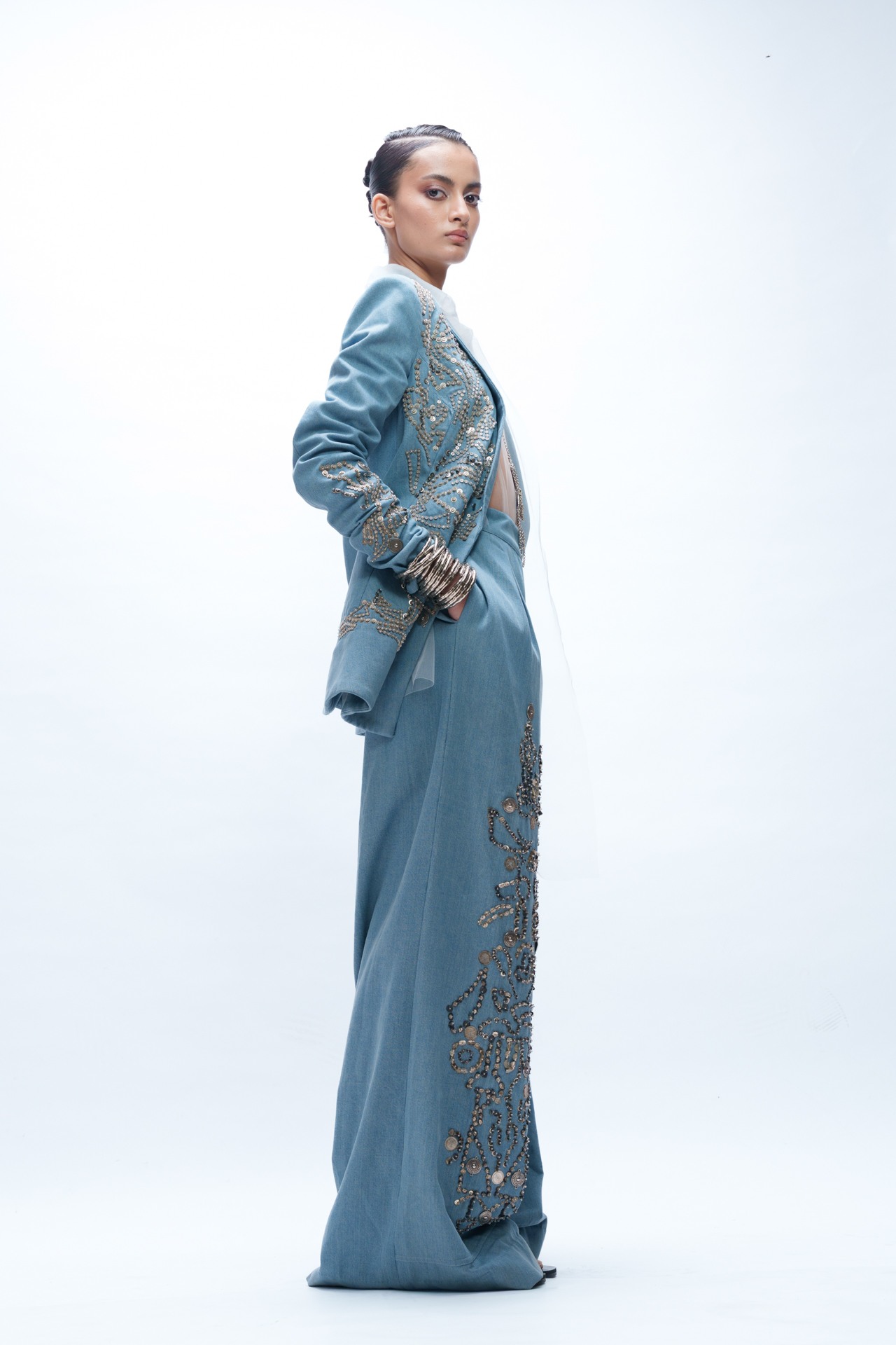 Deconstructed Oversized Denim Blazer with Crop Top and Trouser