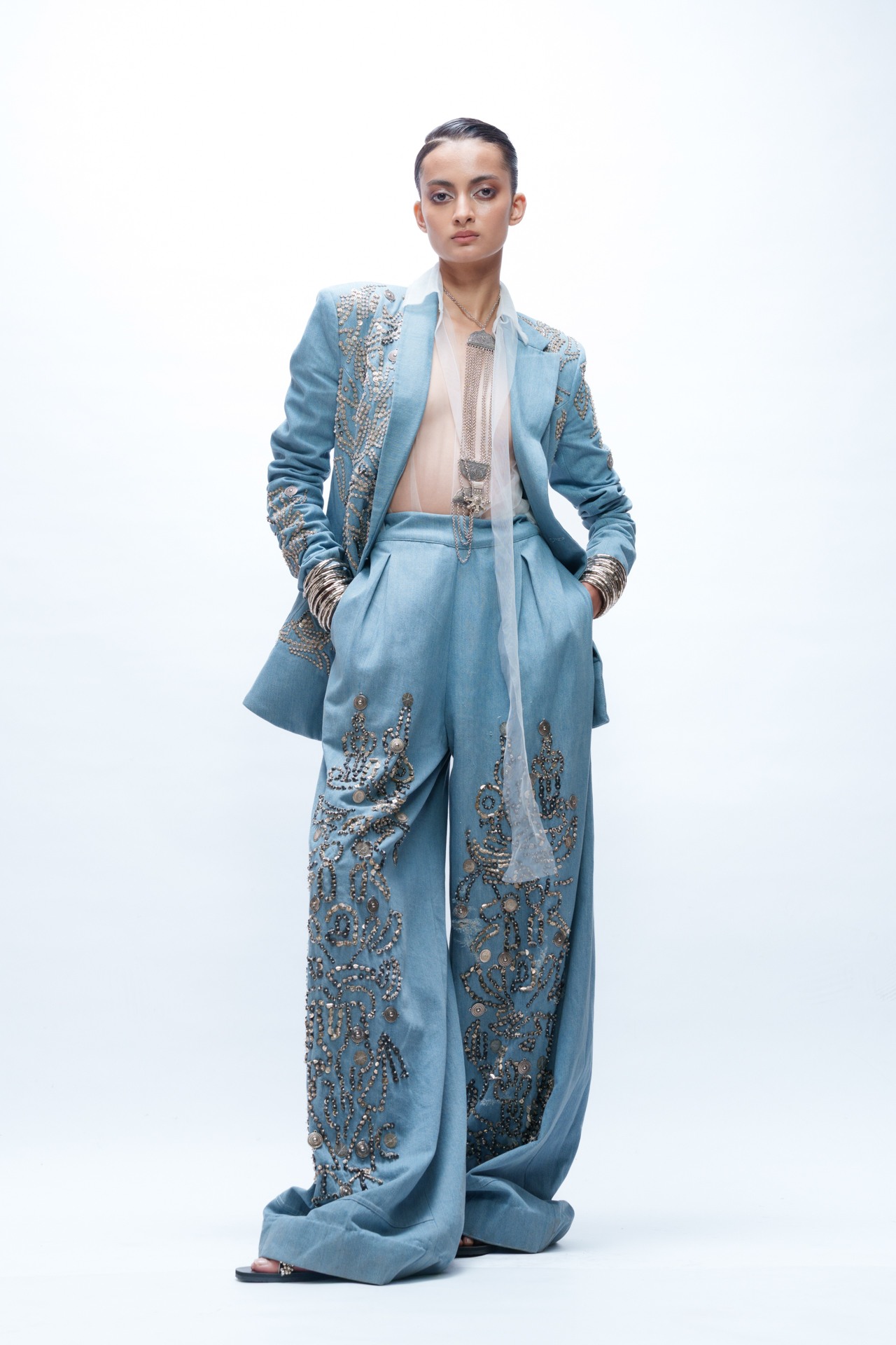 Deconstructed Oversized Denim Blazer with Crop Top and Trouser