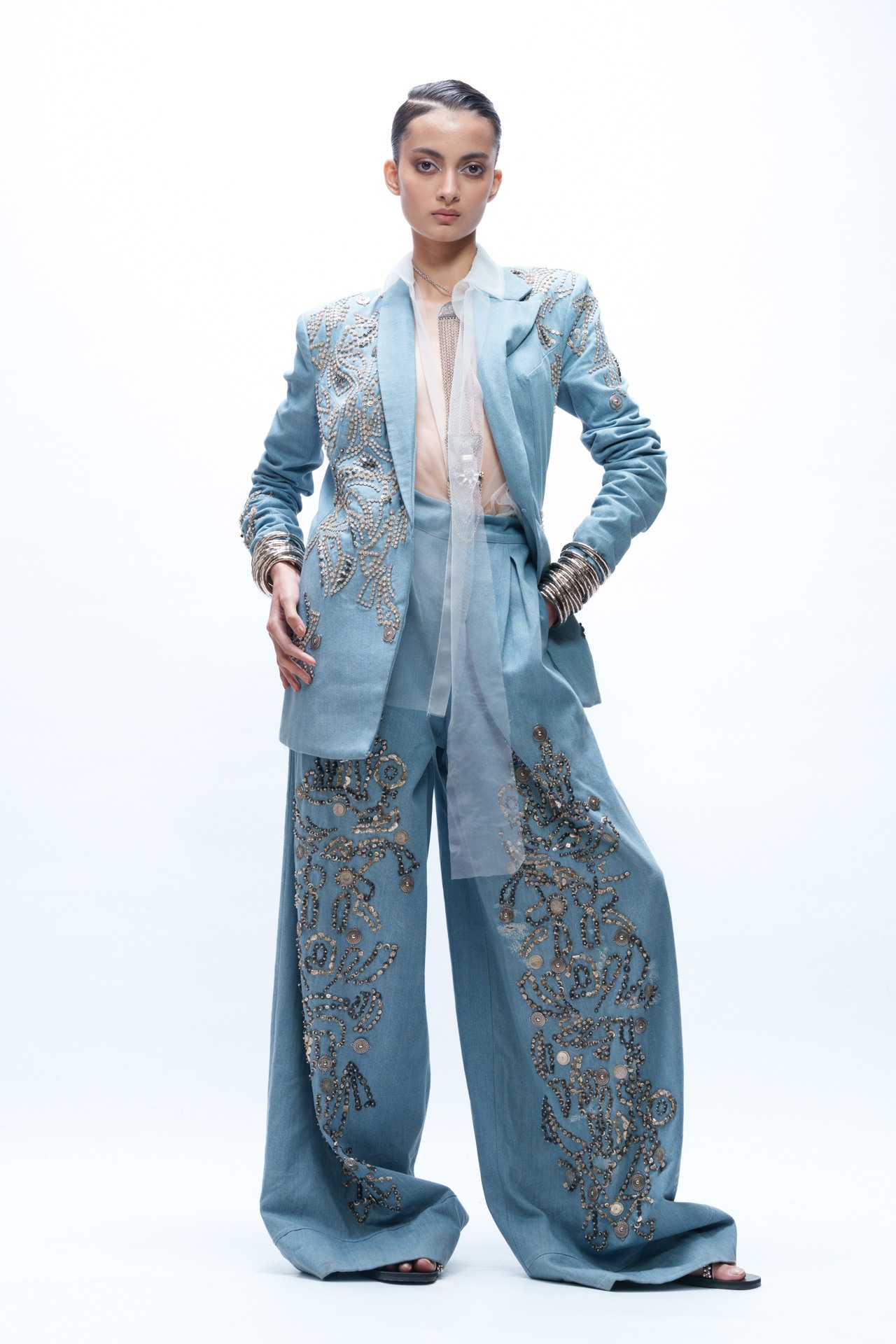 Deconstructed Oversized Denim Blazer with Crop Top and Trouser