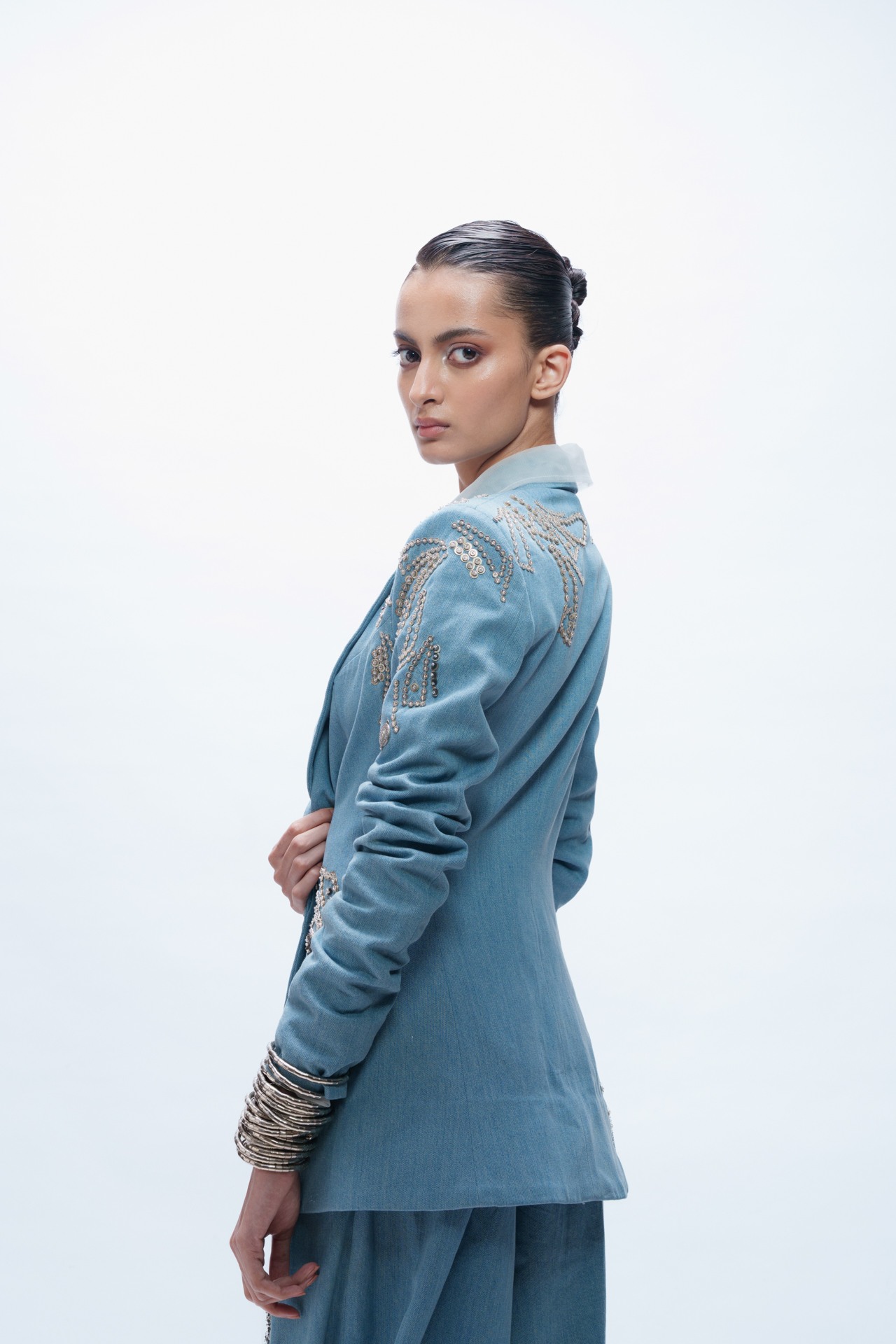Deconstructed Oversized Denim Blazer with Crop Top and Trouser