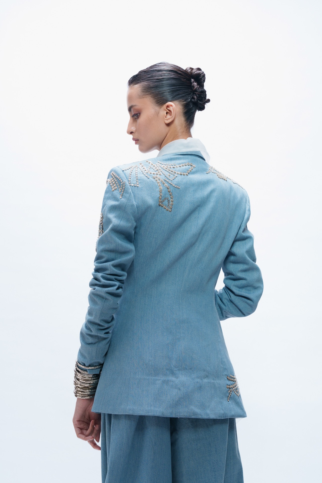 Deconstructed Oversized Denim Blazer with Crop Top and Trouser