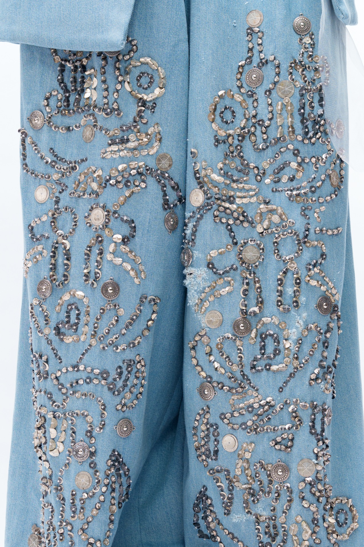 Deconstructed Oversized Denim Blazer with Crop Top and Trouser