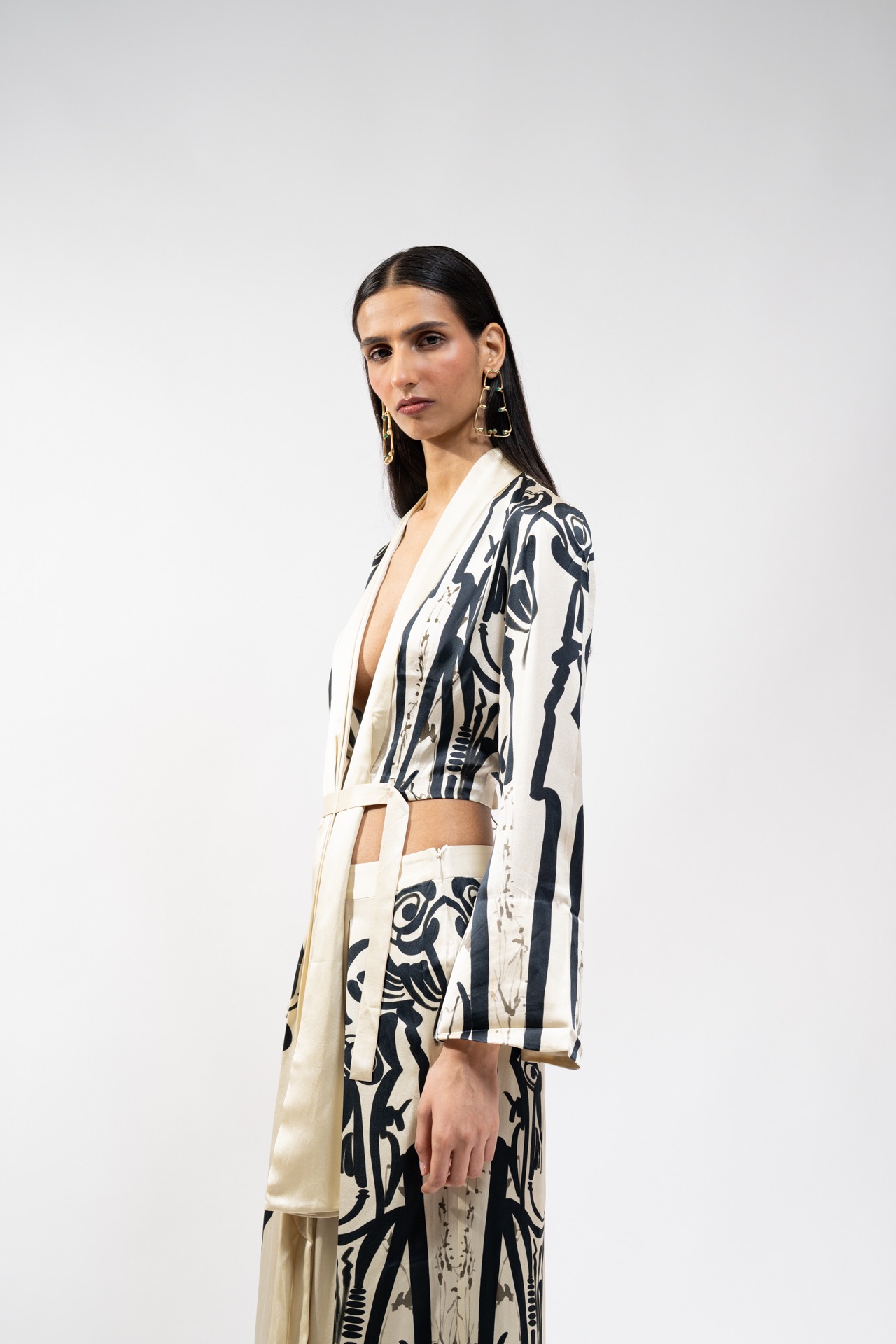 Printed  Silk Wrap Top with Flared Trouser