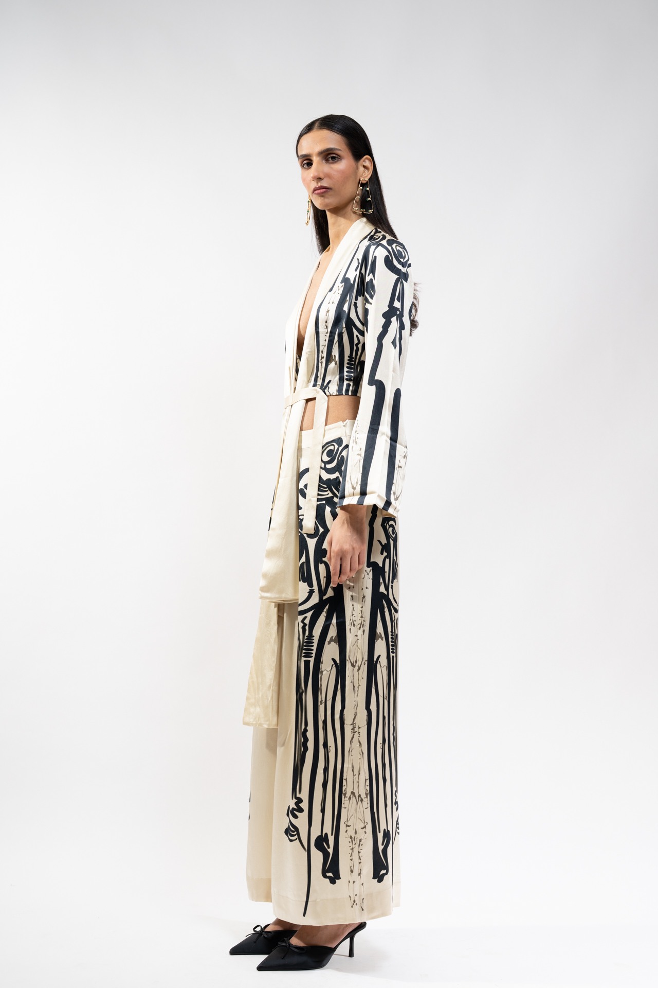 Printed  Silk Wrap Top with Flared Trouser