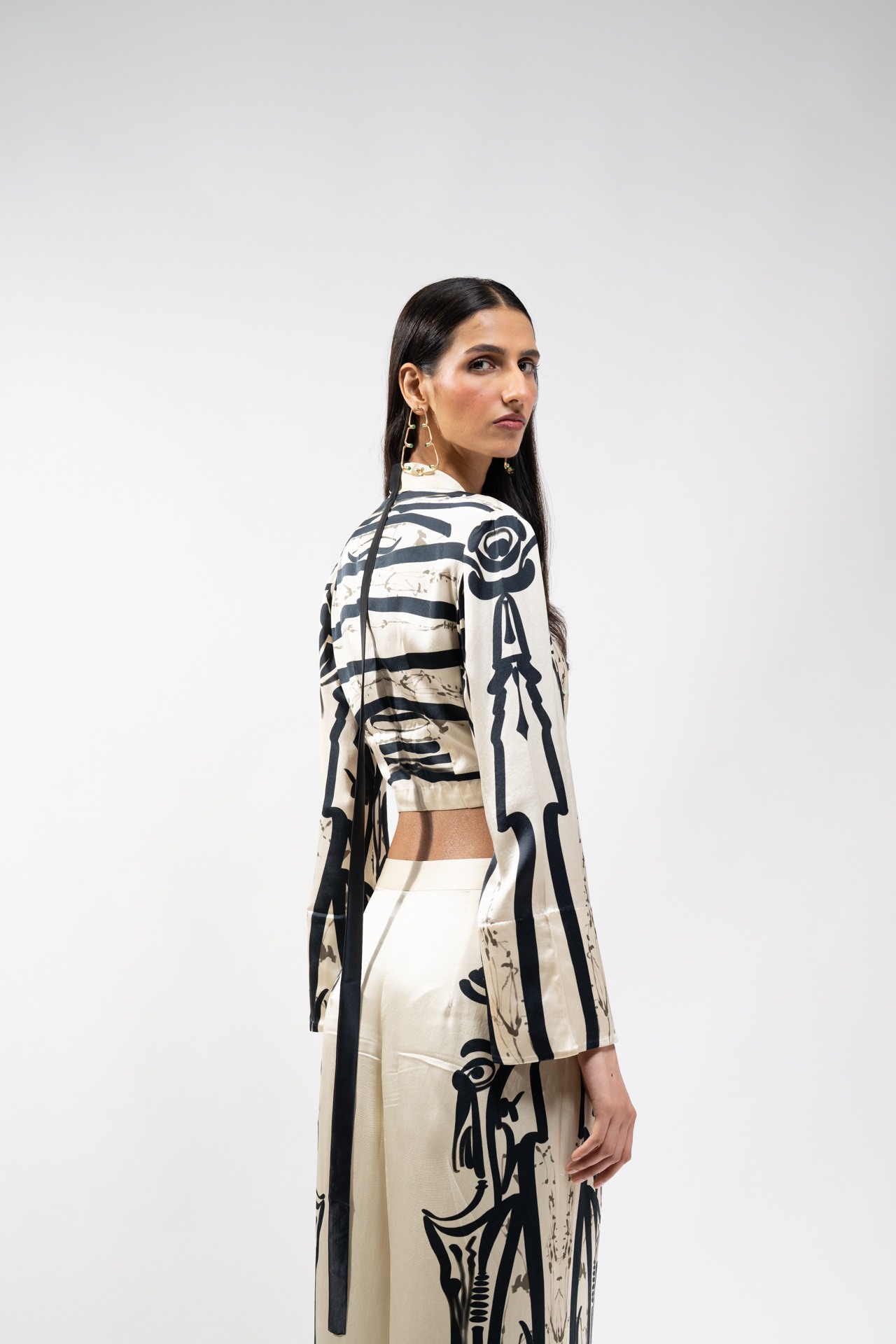 Printed  Silk Wrap Top with Flared Trouser