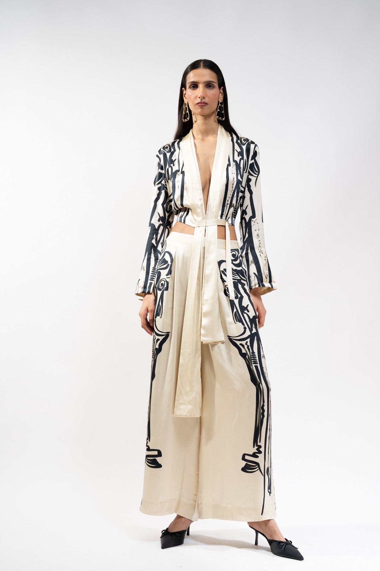 Printed  Silk Wrap Top with Flared Trouser
