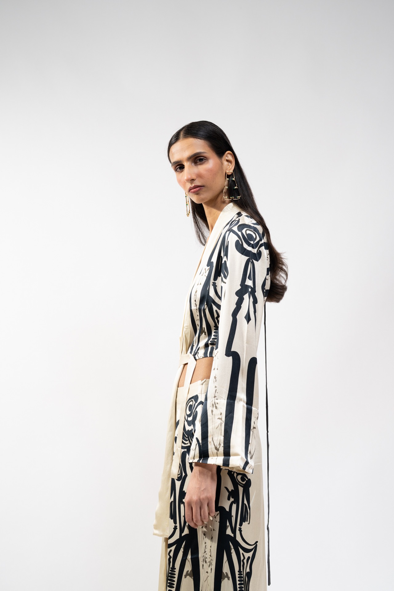 Printed  Silk Wrap Top with Flared Trouser