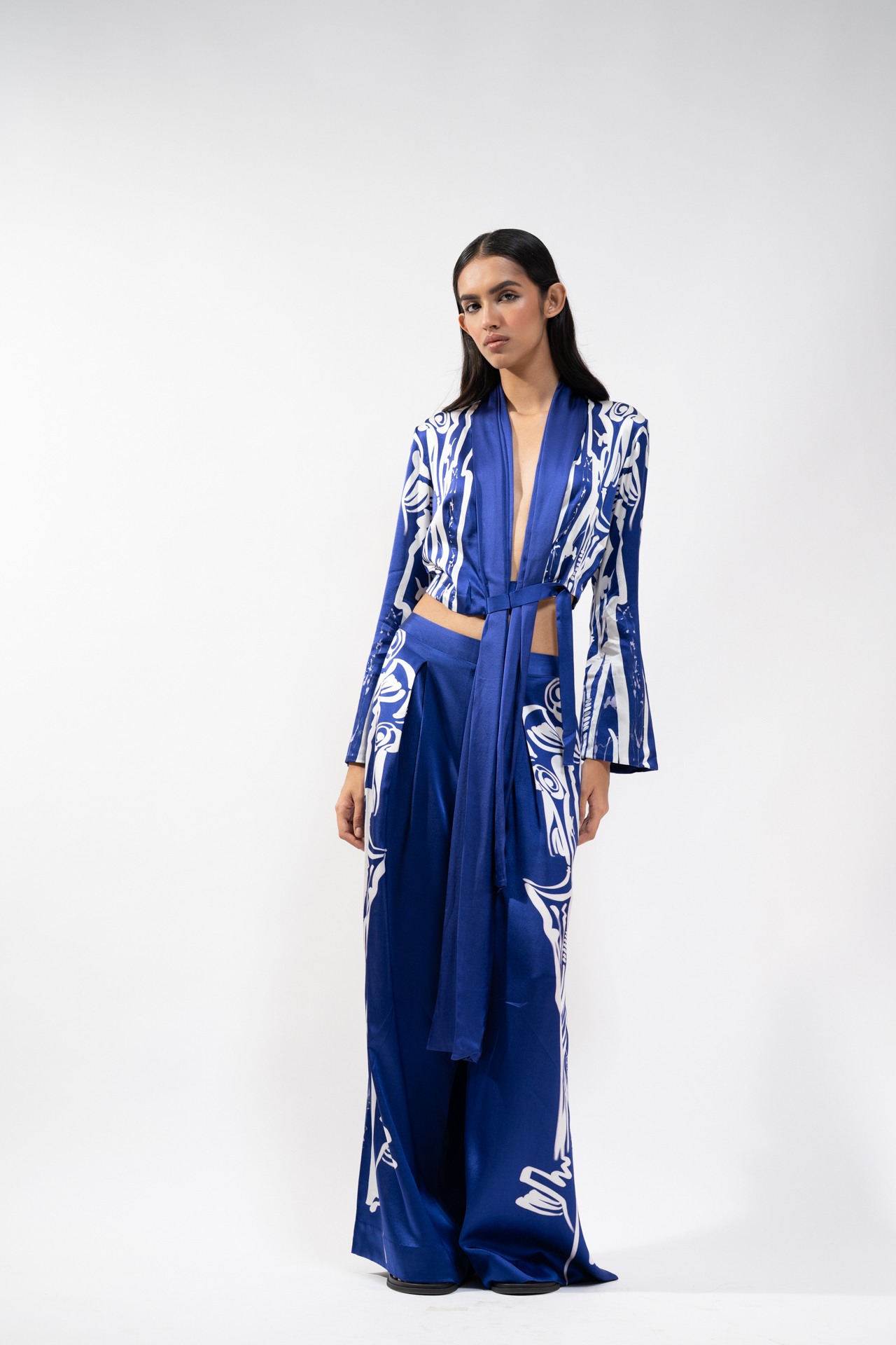 Printed Silk Wrap Top with Flared Trouser