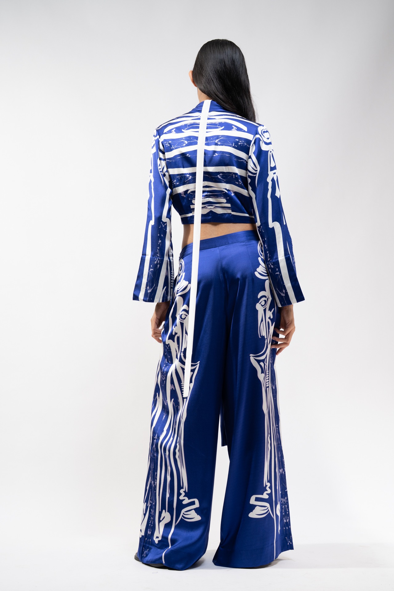 Printed Silk Wrap Top with Flared Trouser