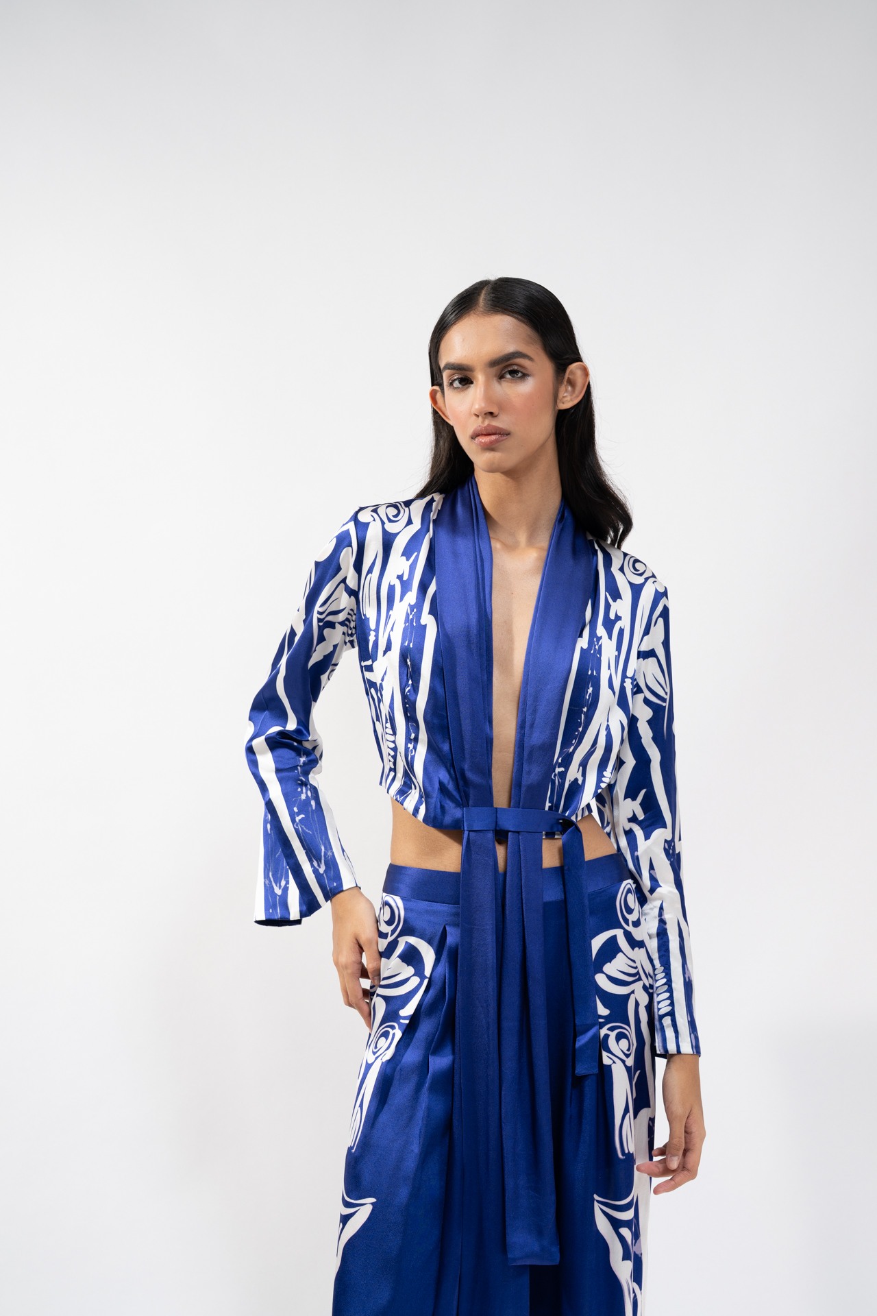 Printed Silk Wrap Top with Flared Trouser