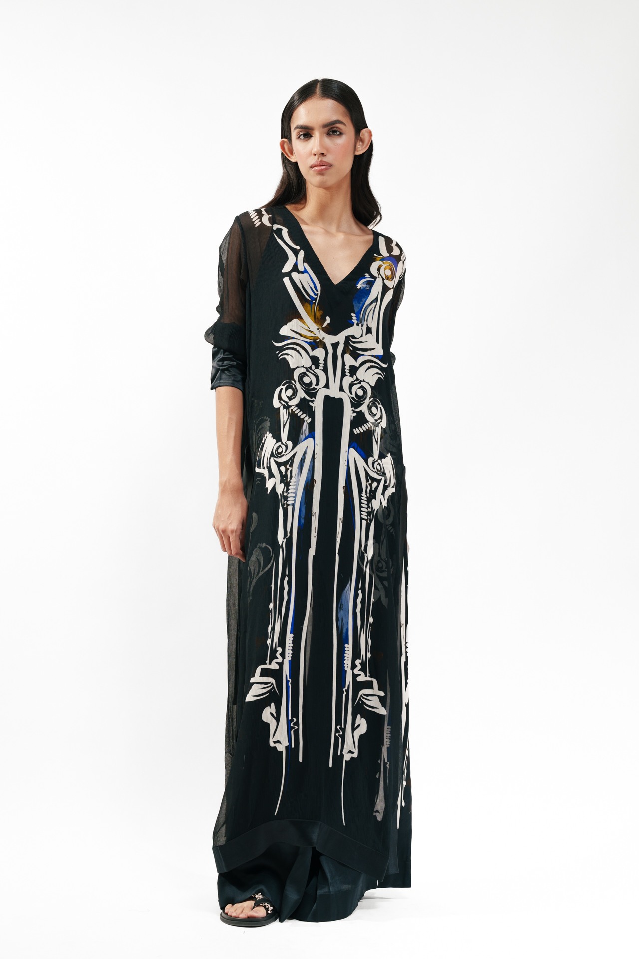 Printed Silk Long Kurta with Bra Top and Flared Trouser