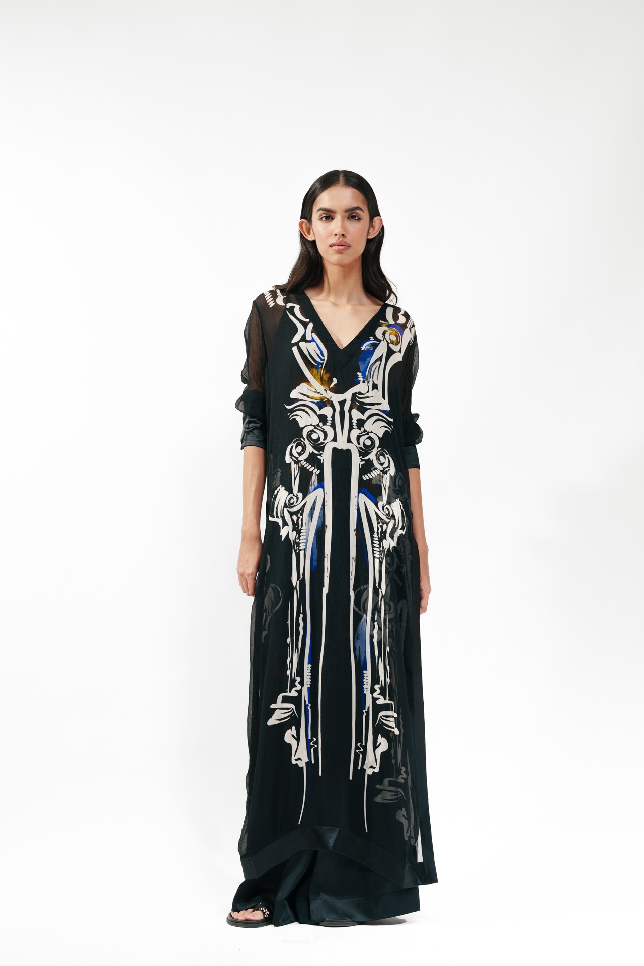 Printed Silk Long Kurta with Bra Top and Flared Trouser