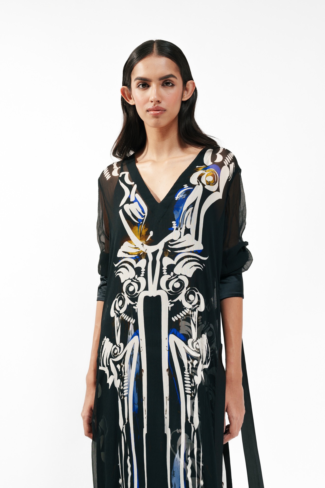 Printed Silk Long Kurta with Bra Top and Flared Trouser