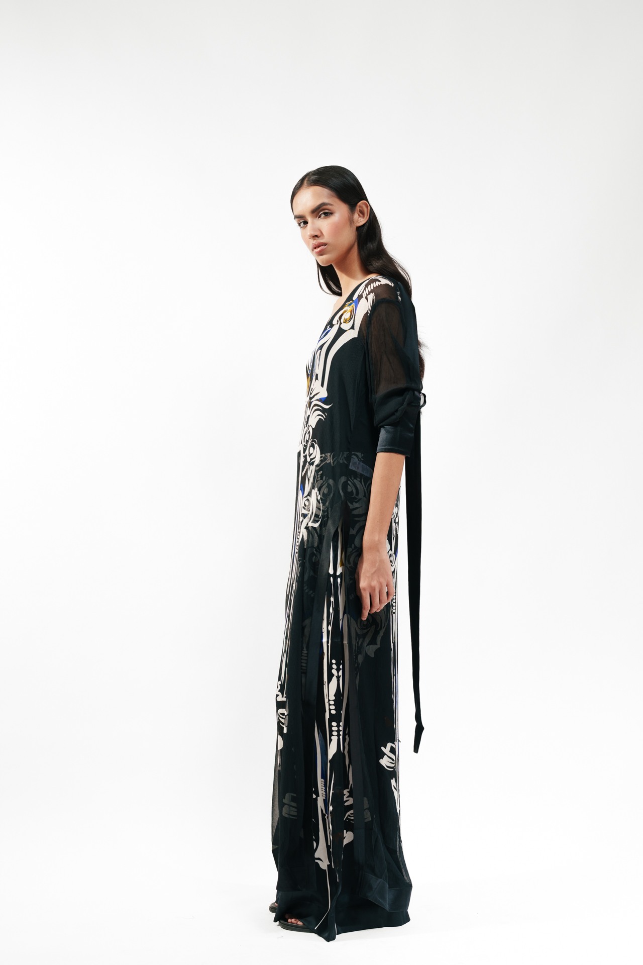 Printed Silk Long Kurta with Bra Top and Flared Trouser