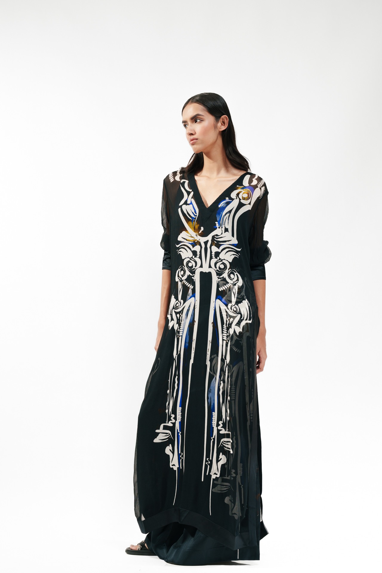 Printed Silk Long Kurta with Bra Top and Flared Trouser