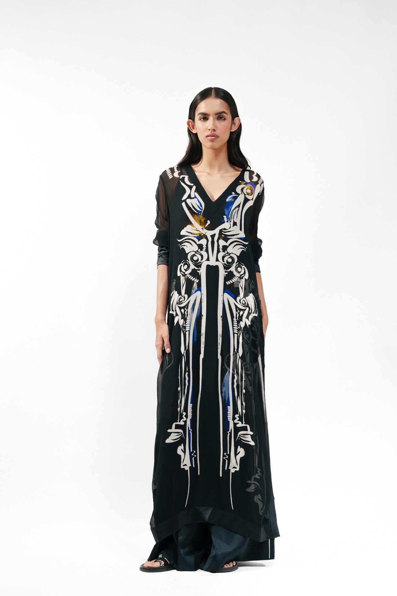 Printed Silk Long Kurta with Bra Top and Flared Trouser