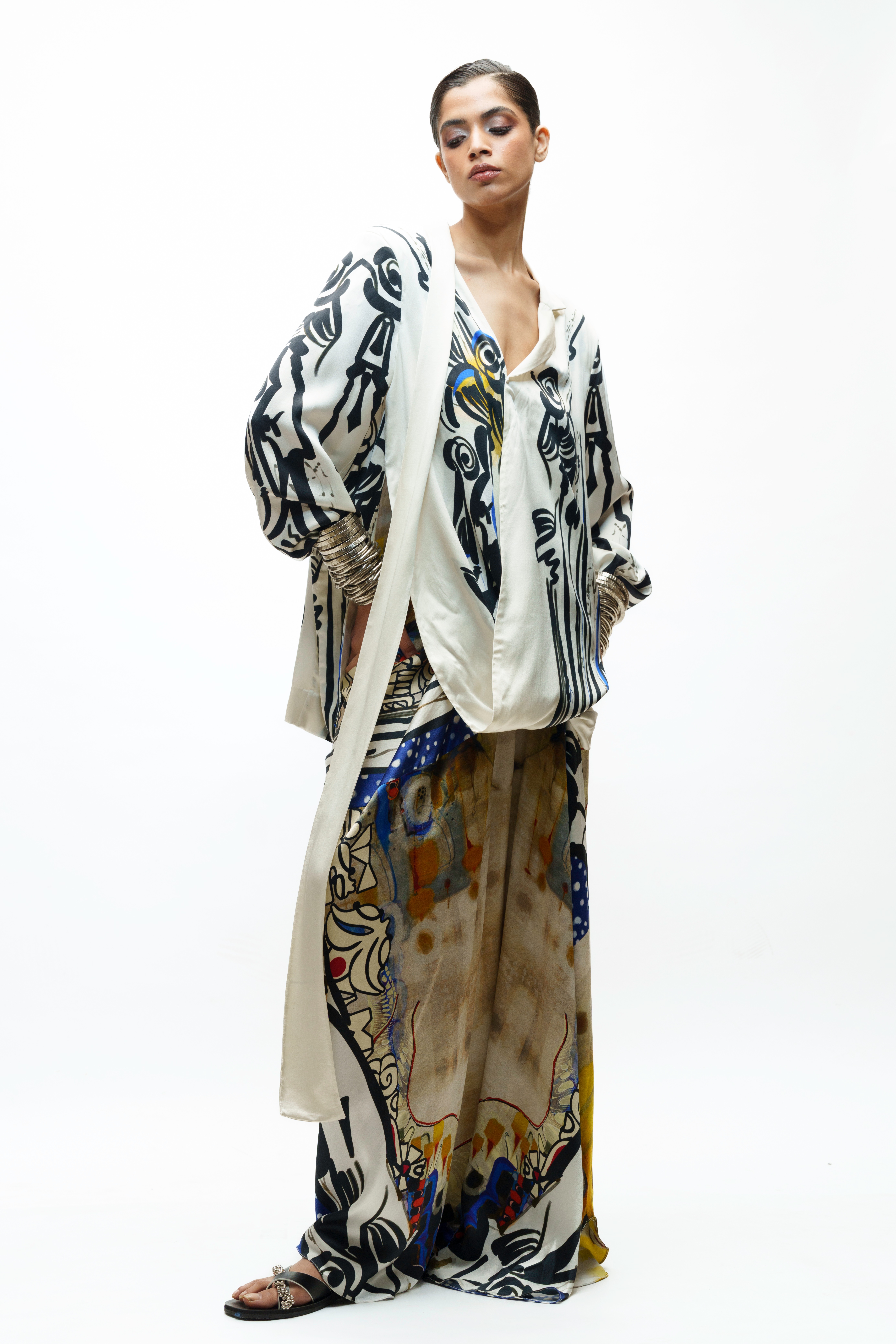 Printed Silk Wrap Top and Skirt
