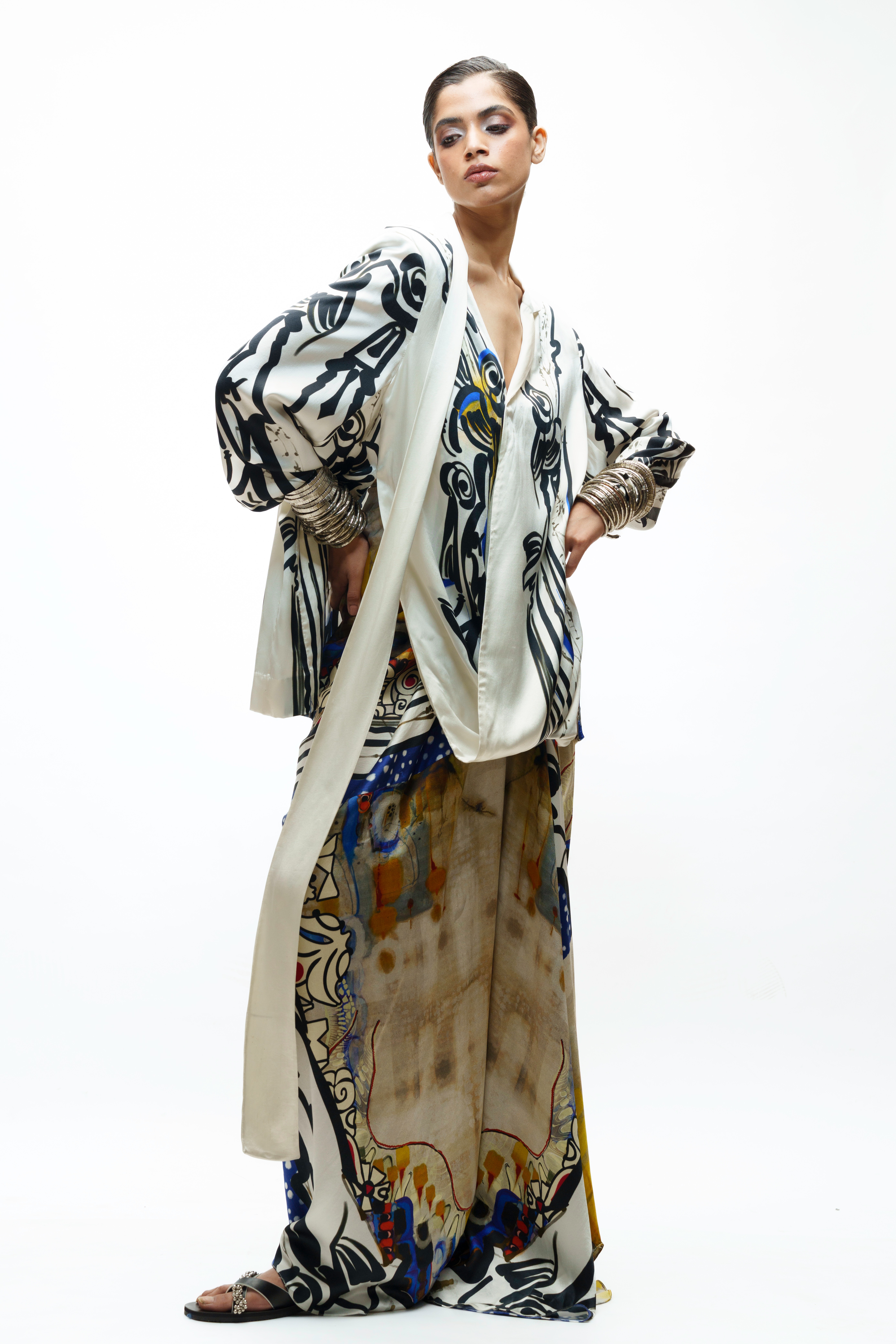 Printed Silk Wrap Top and Skirt