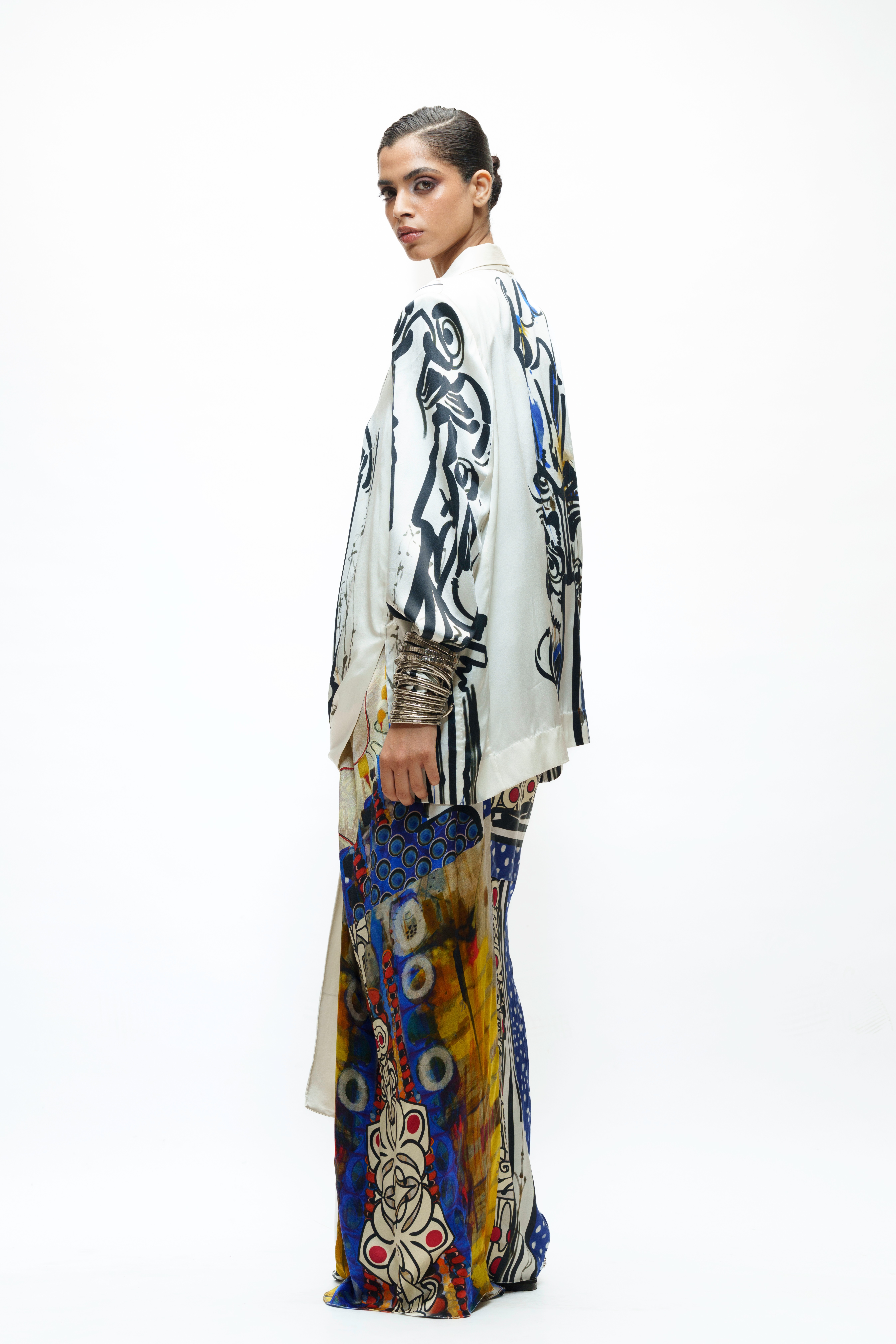 Printed Silk Wrap Top and Skirt