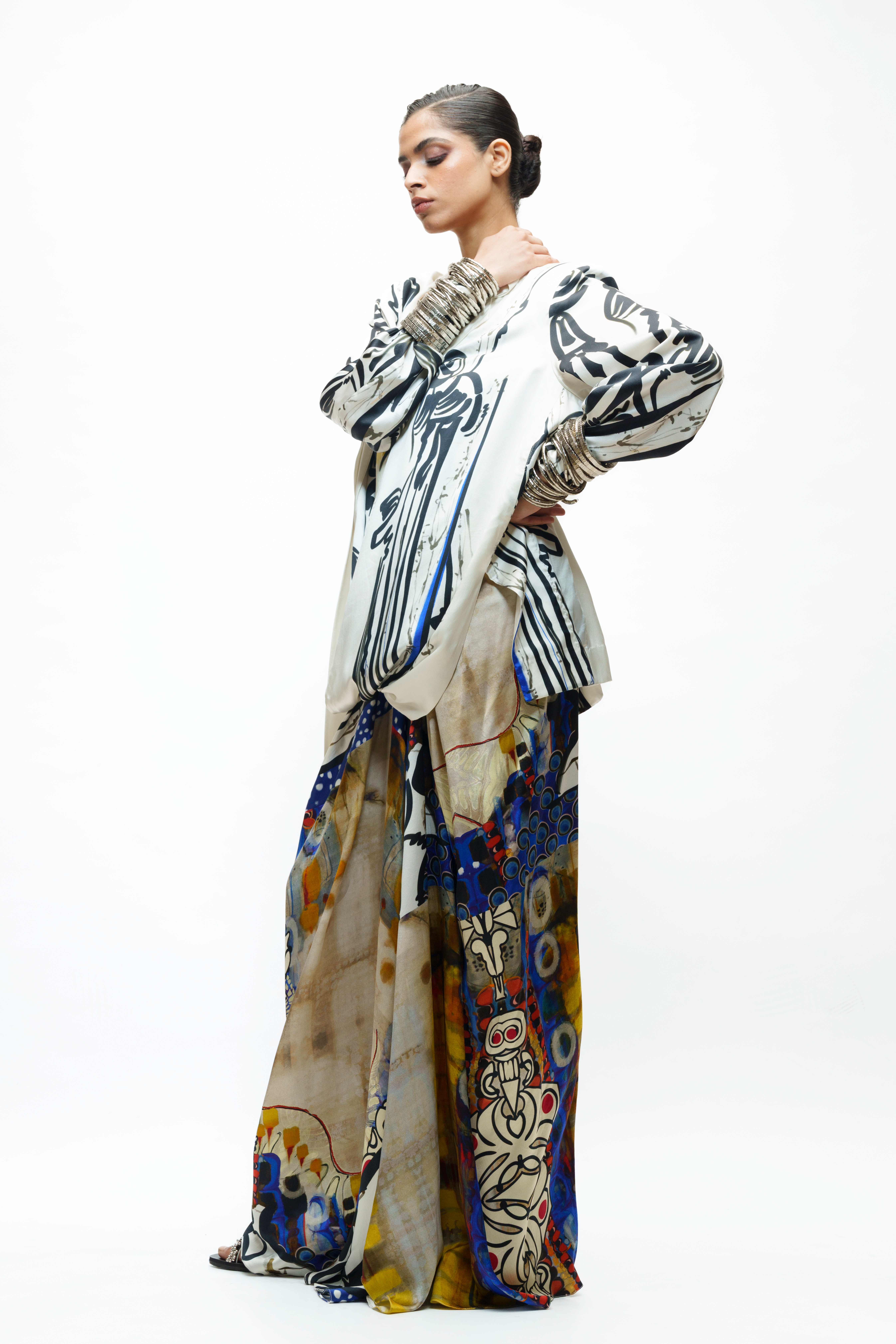 Printed Silk Wrap Top and Skirt