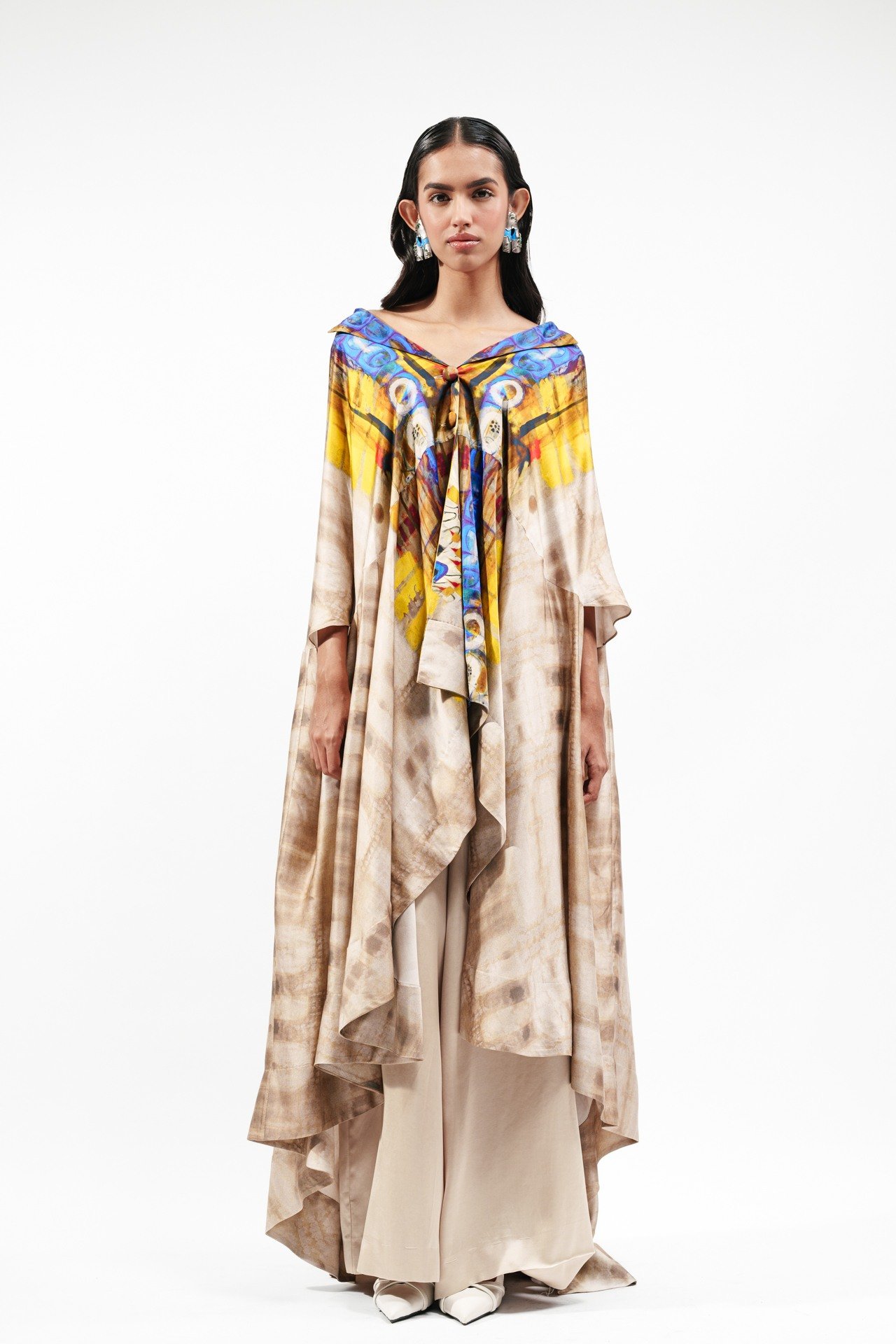 Printed Silk Cape with Bra Top and Trouser