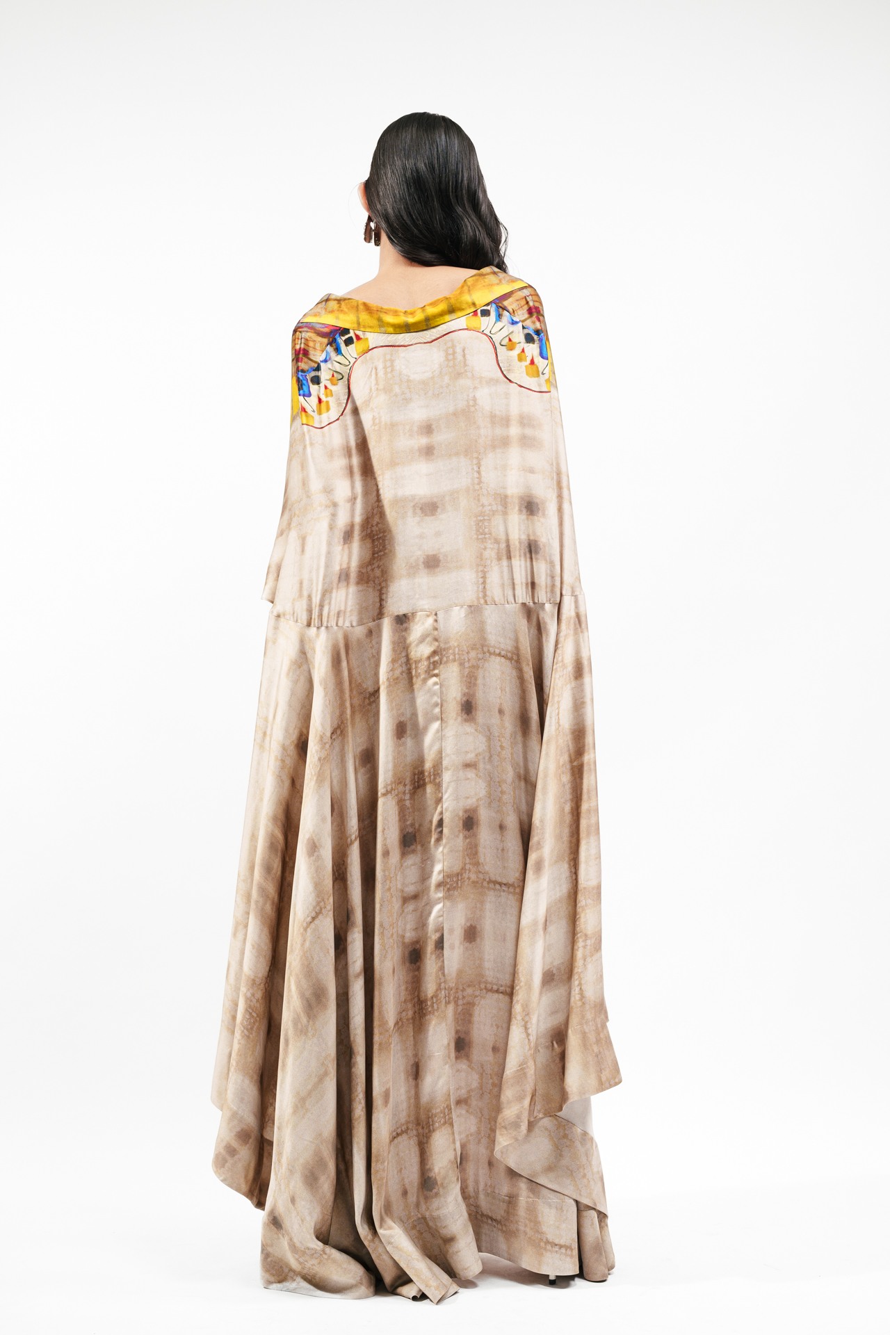 Printed Silk Cape with Bra Top and Trouser