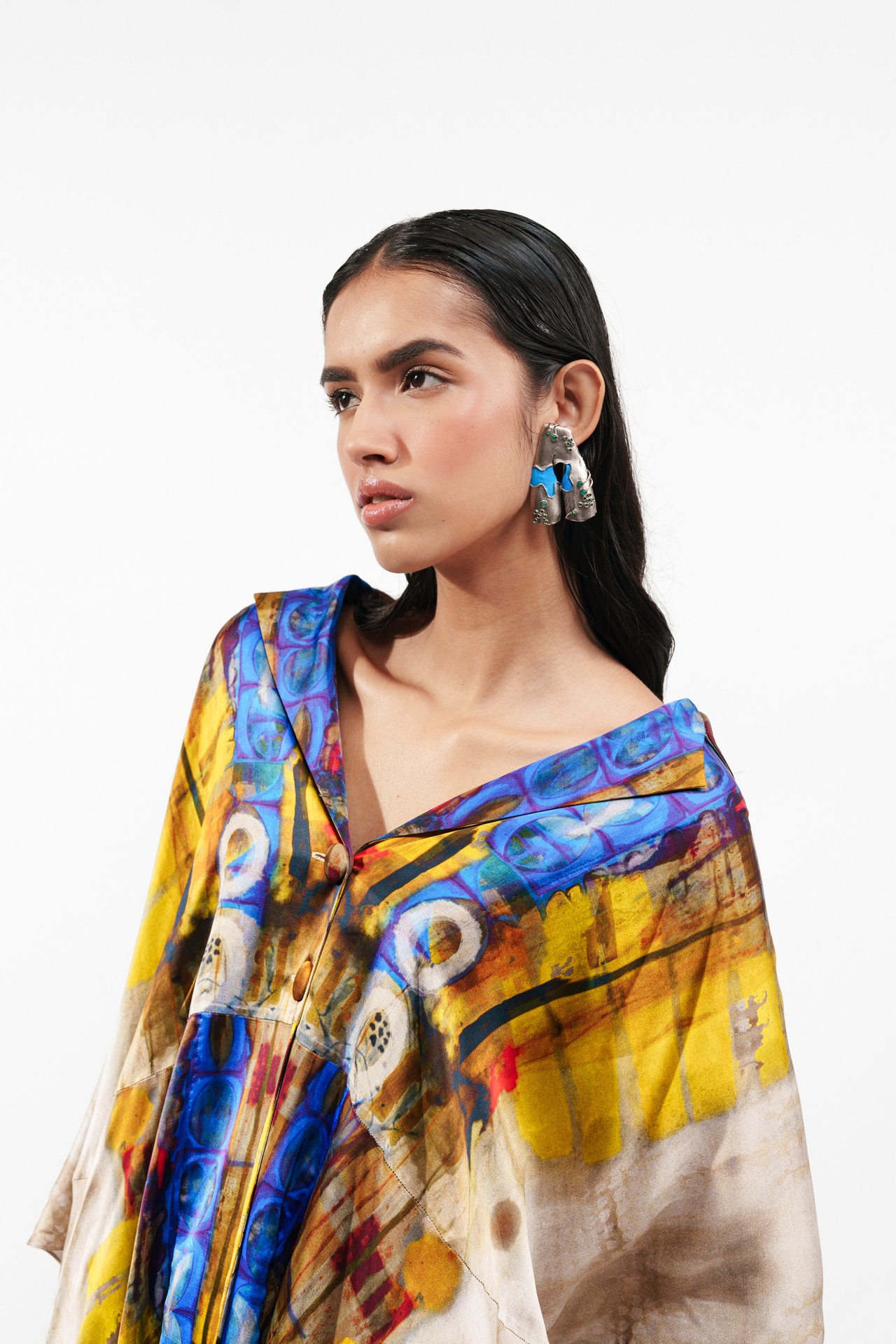 Printed Silk Cape with Bra Top and Trouser