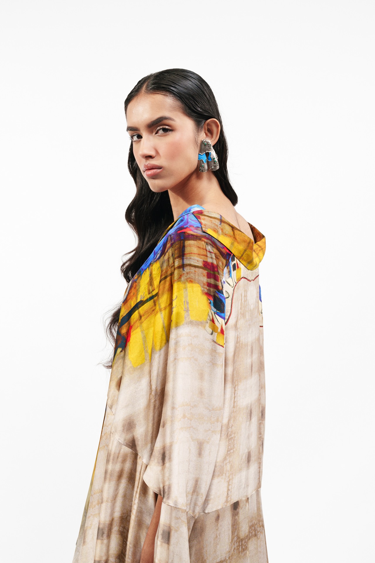 Printed Silk Cape with Bra Top and Trouser