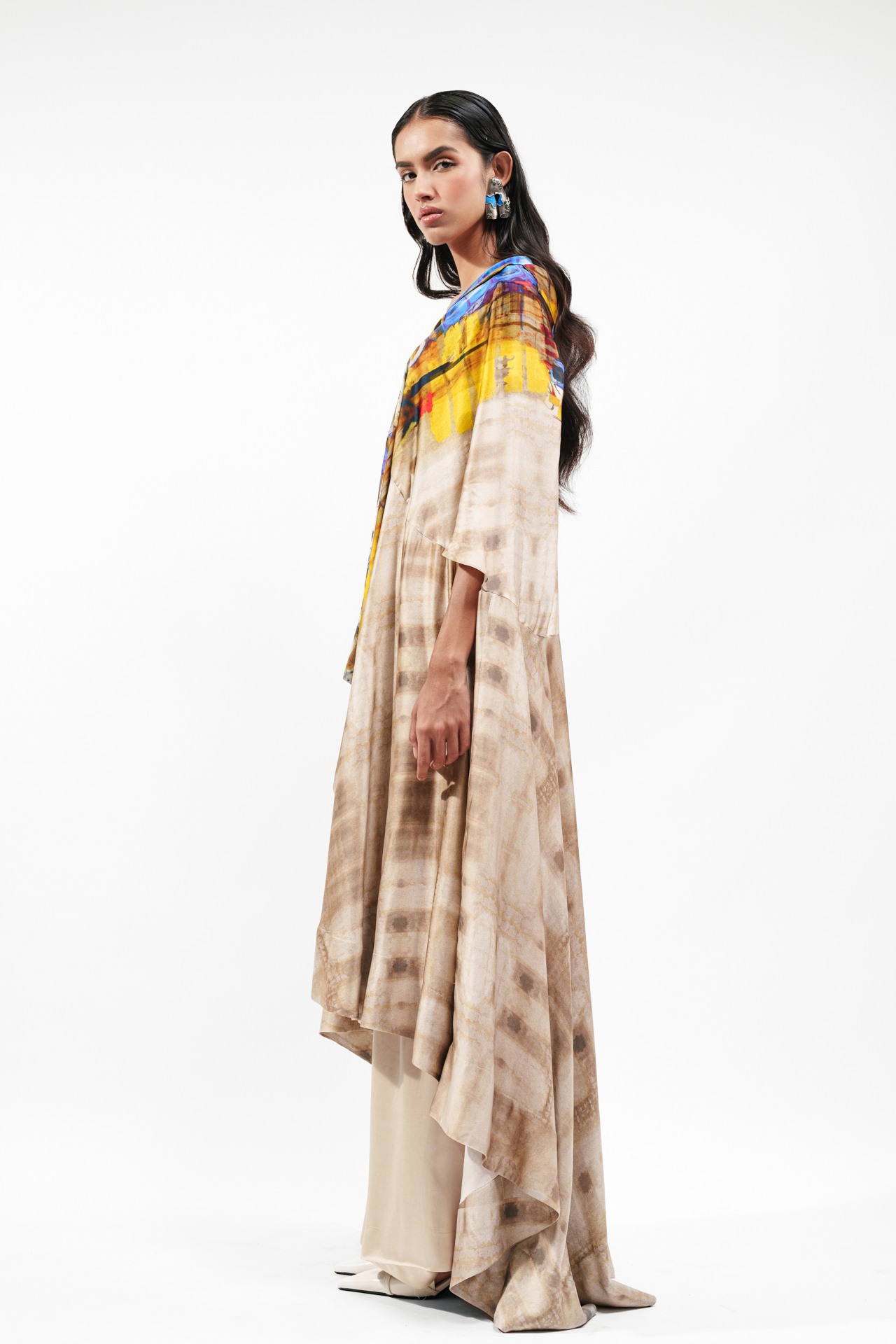 Printed Silk Cape with Bra Top and Trouser