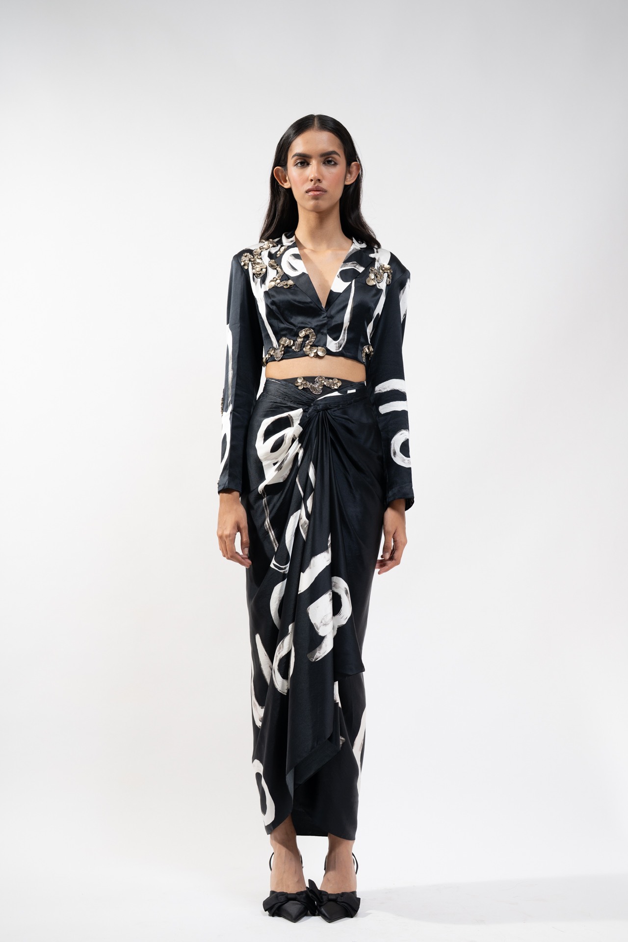 Silk Abstract Printed Crop Jacket with Knotted Skirt