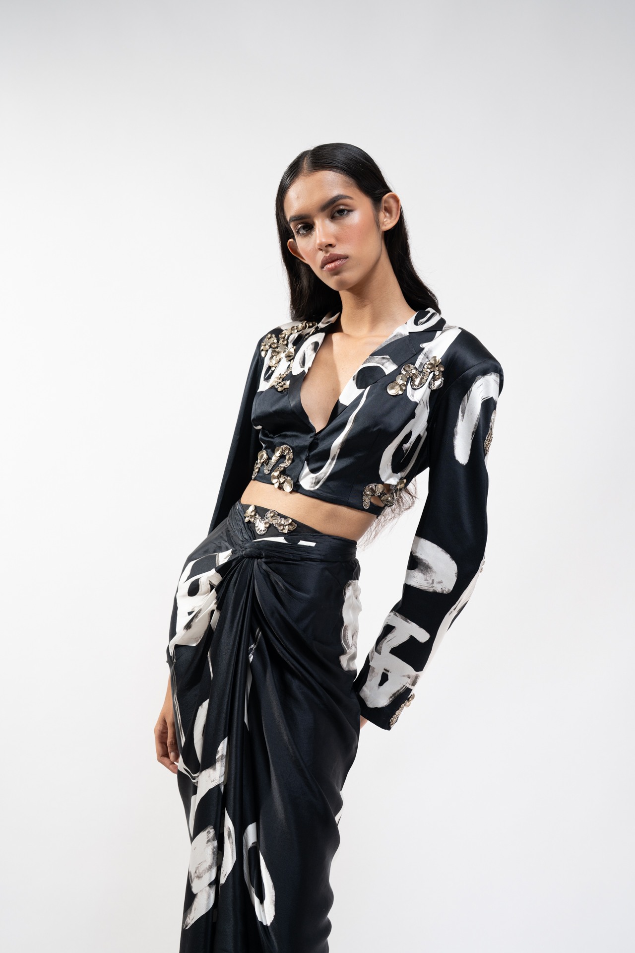 Silk Abstract Printed Crop Jacket with Knotted Skirt