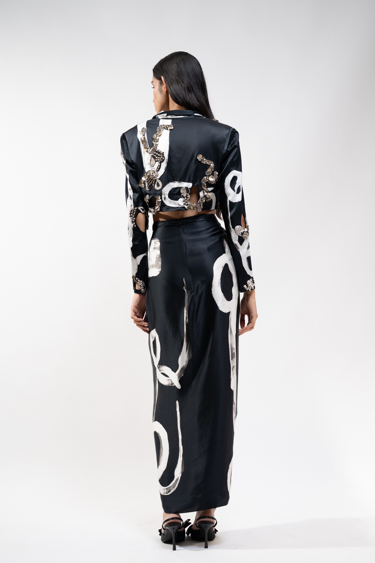 Silk Abstract Printed Crop Jacket with Knotted Skirt