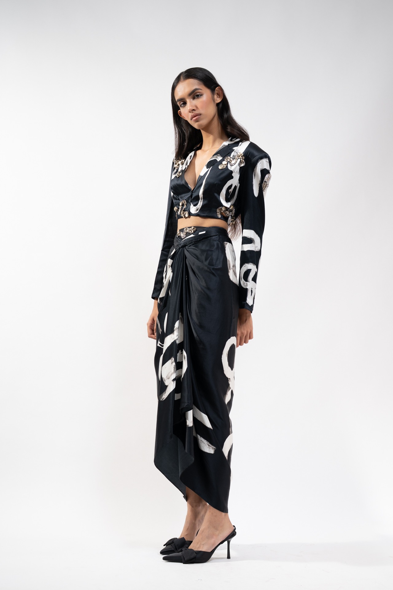 Silk Abstract Printed Crop Jacket with Knotted Skirt