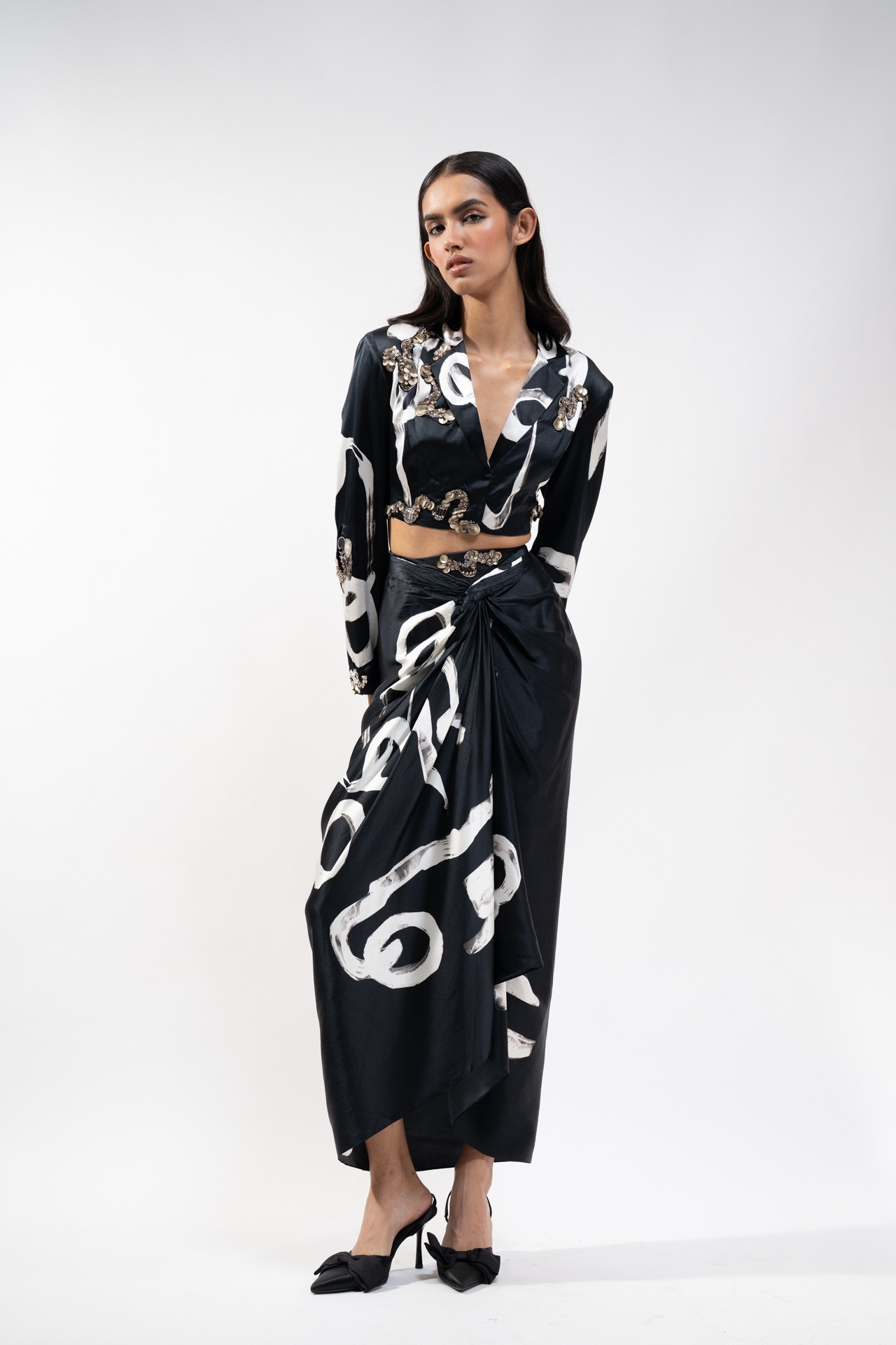 Silk Abstract Printed Crop Jacket with Knotted Skirt
