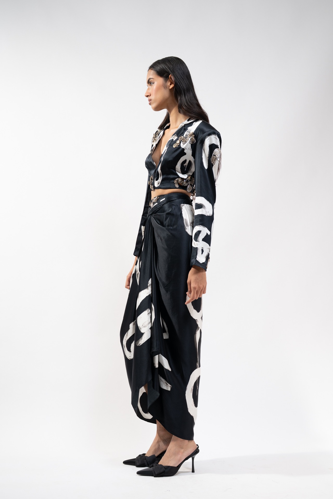 Silk Abstract Printed Crop Jacket with Knotted Skirt