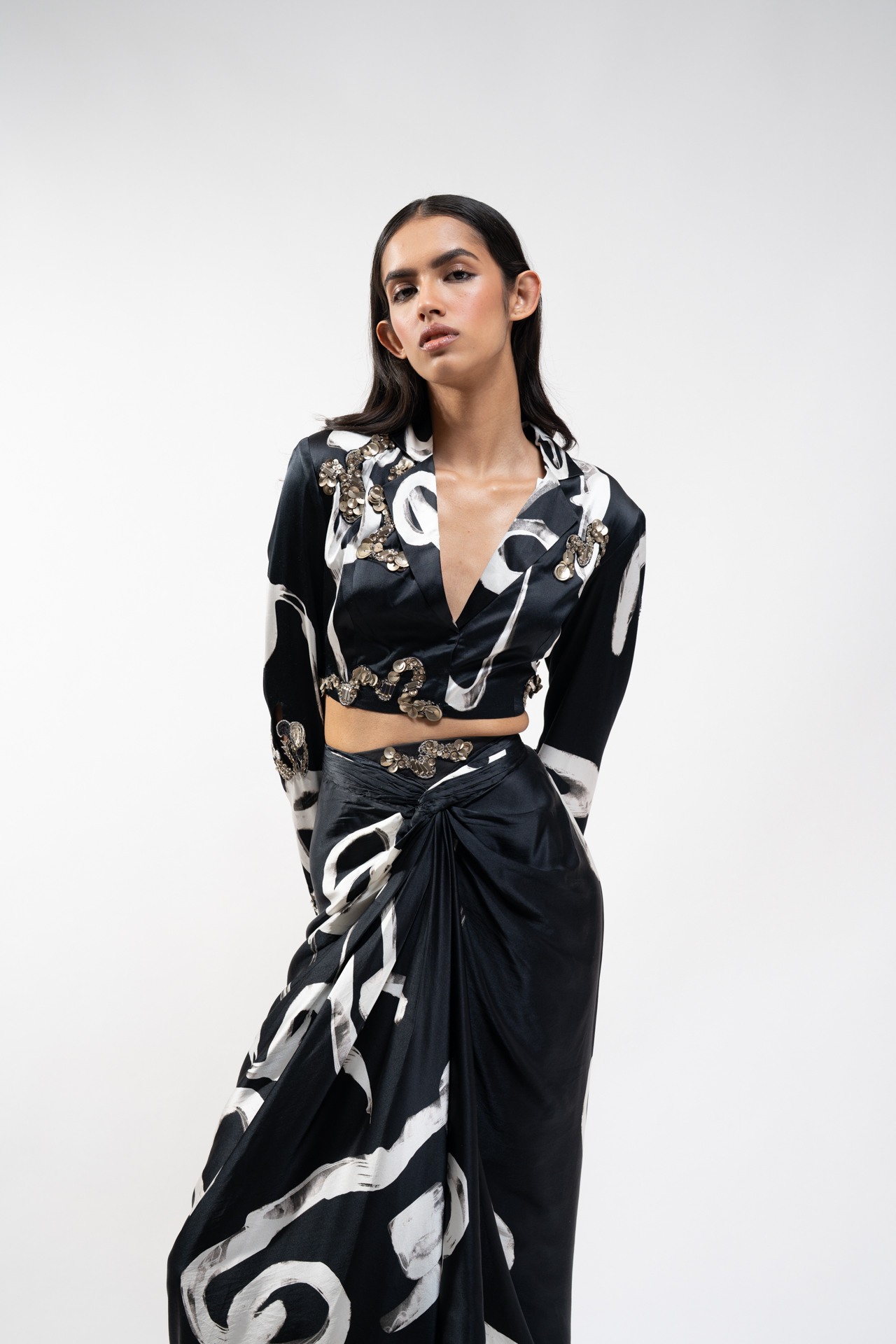 Silk Abstract Printed Crop Jacket with Knotted Skirt
