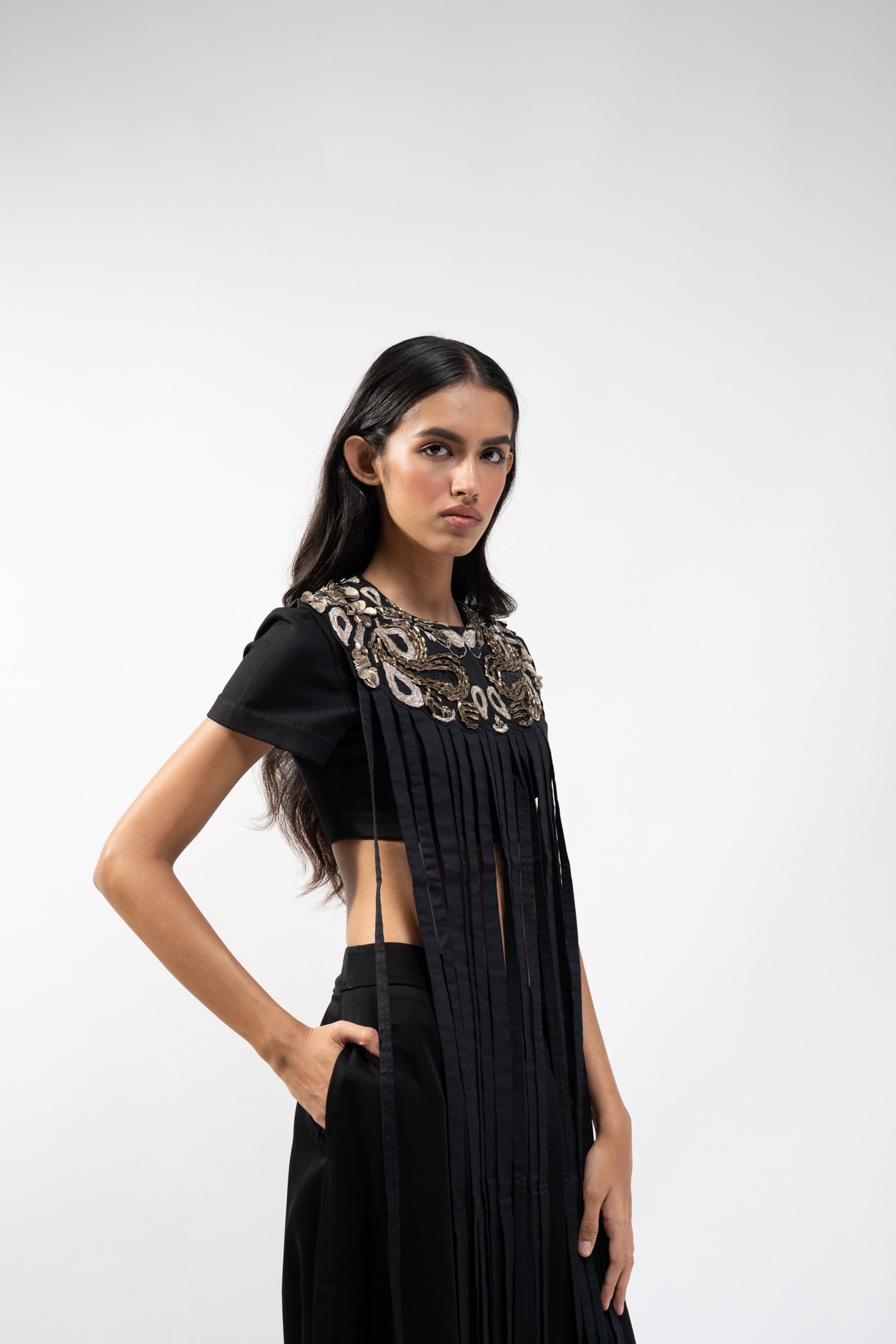 Crop top with Emb Neckline and fringes + Flared Trouser