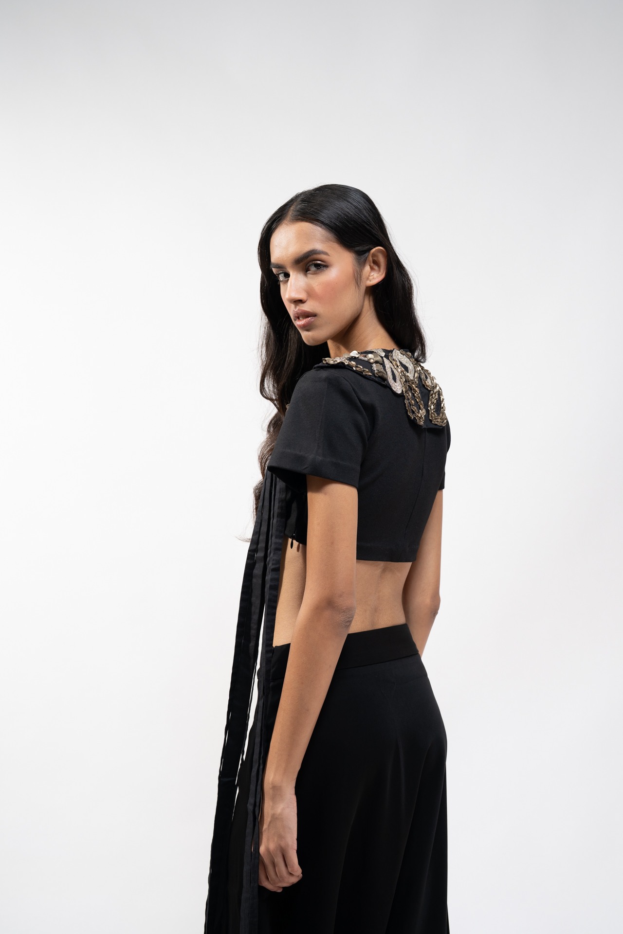 Crop top with Emb Neckline and fringes + Flared Trouser