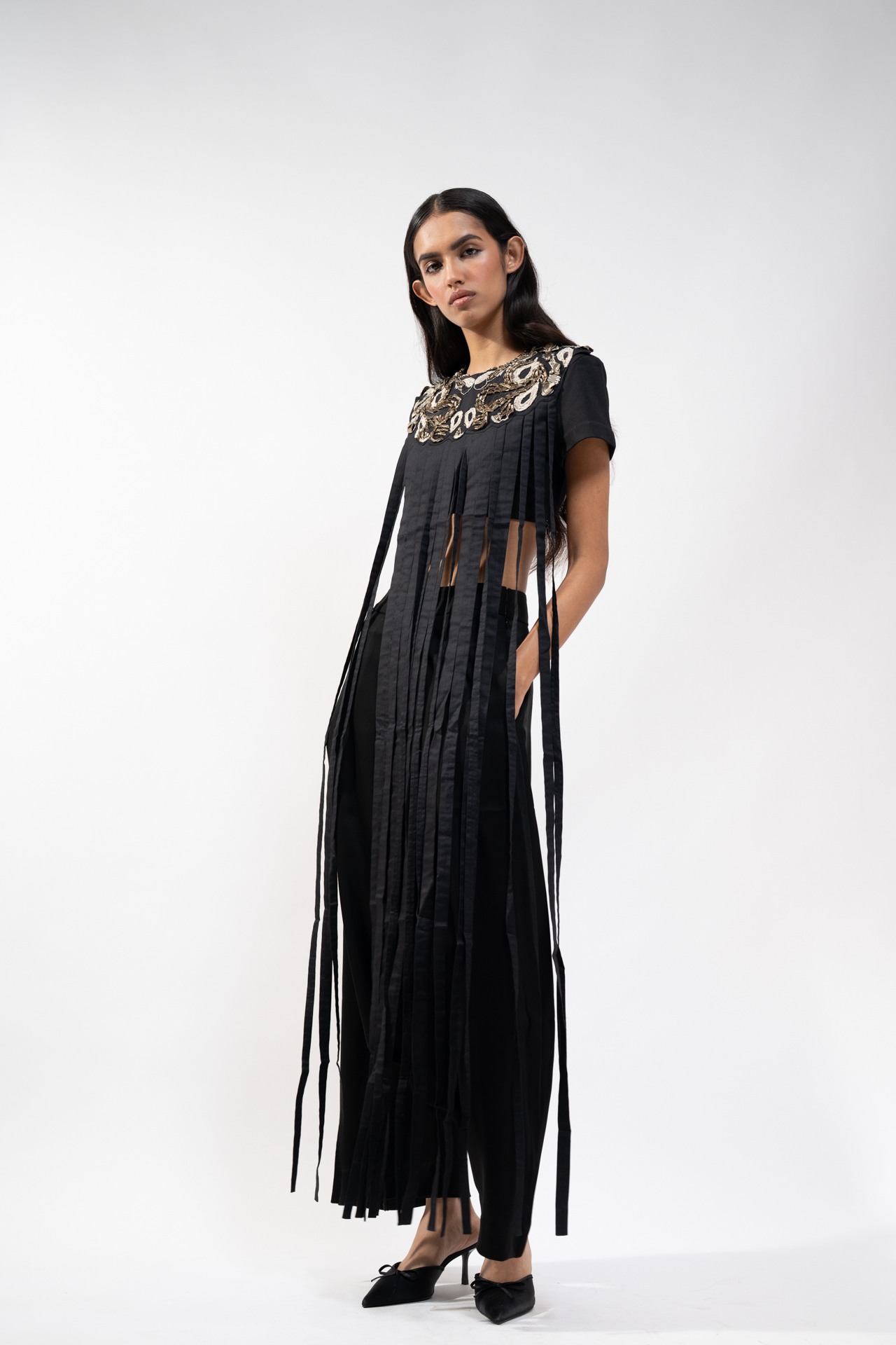 Crop top with Emb Neckline and fringes + Flared Trouser