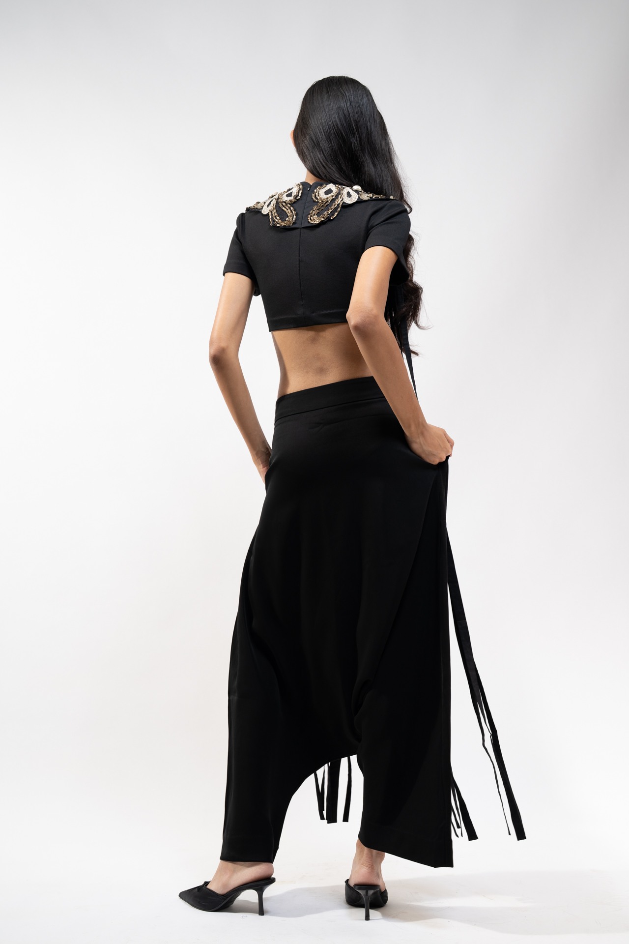 Crop top with Emb Neckline and fringes + Flared Trouser