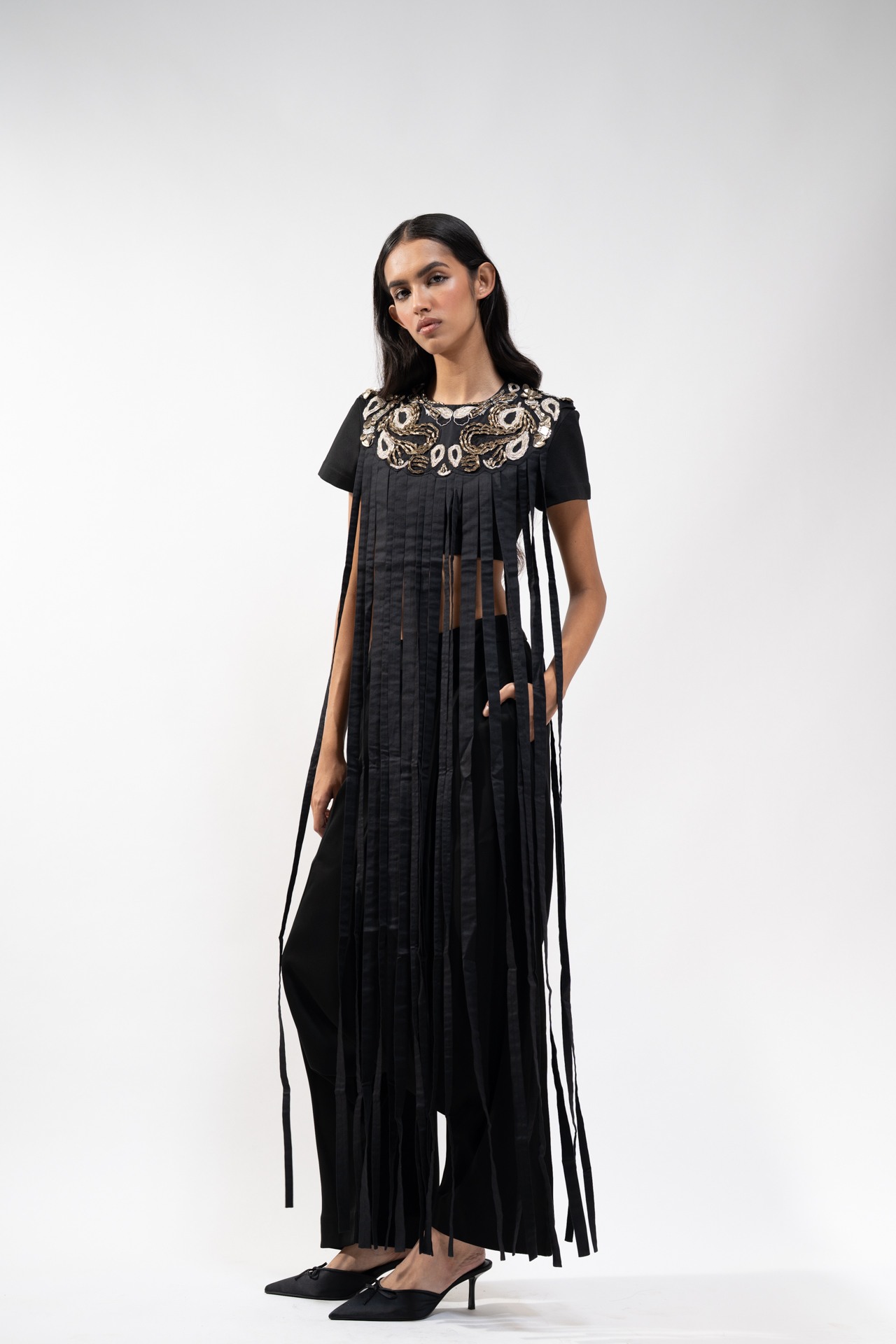 Crop top with Emb Neckline and fringes + Flared Trouser